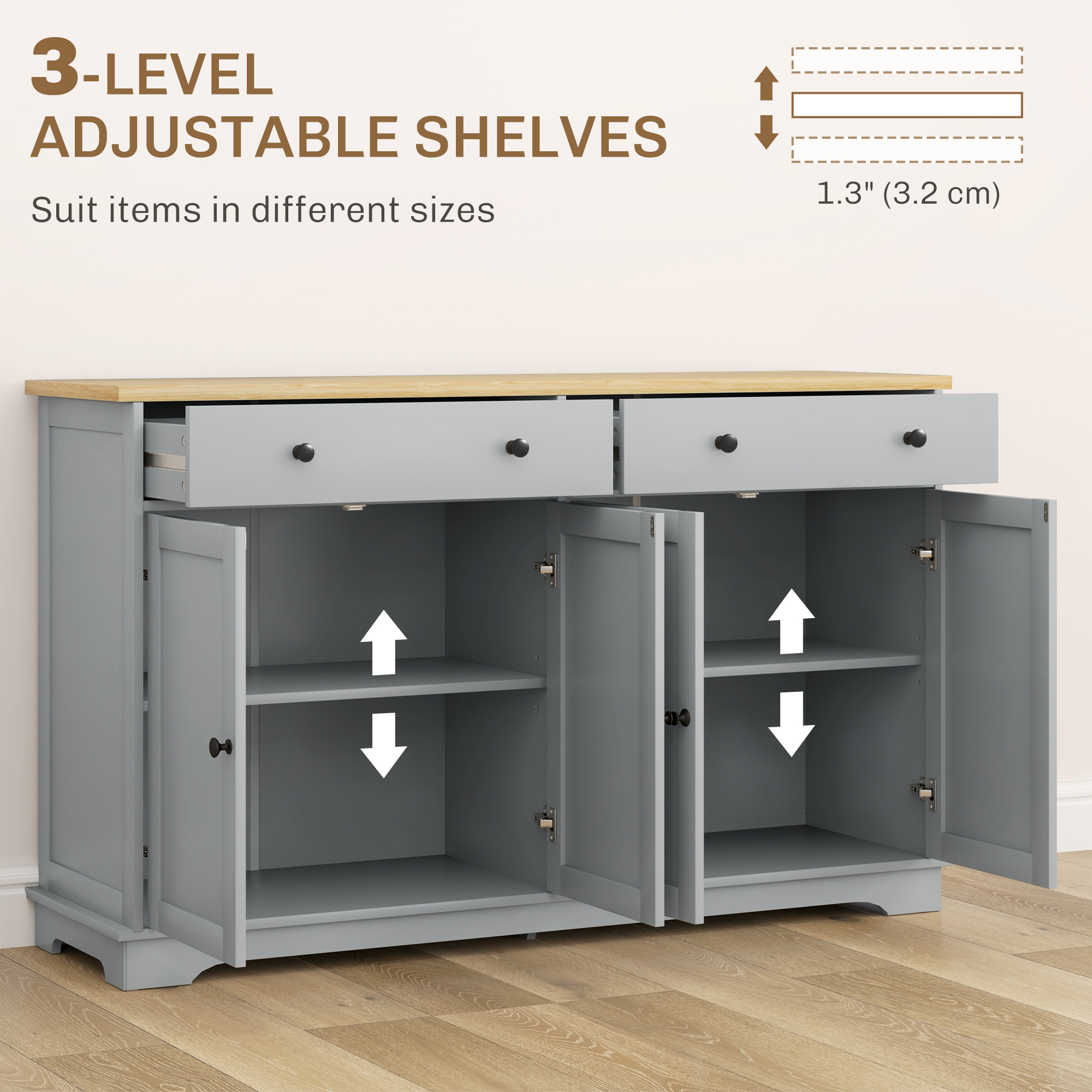 Modern Sideboard, Buffet Cabinet with Storage Drawers, Adjustable Shelves for Living Room, Dining Room, Entryway, Grey - Image 3