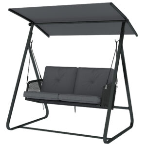 2-Person Outdoor Patio Porch Swing with Adjustable Canopy, Rattan Hanging Swing Bench with Soft Cushions