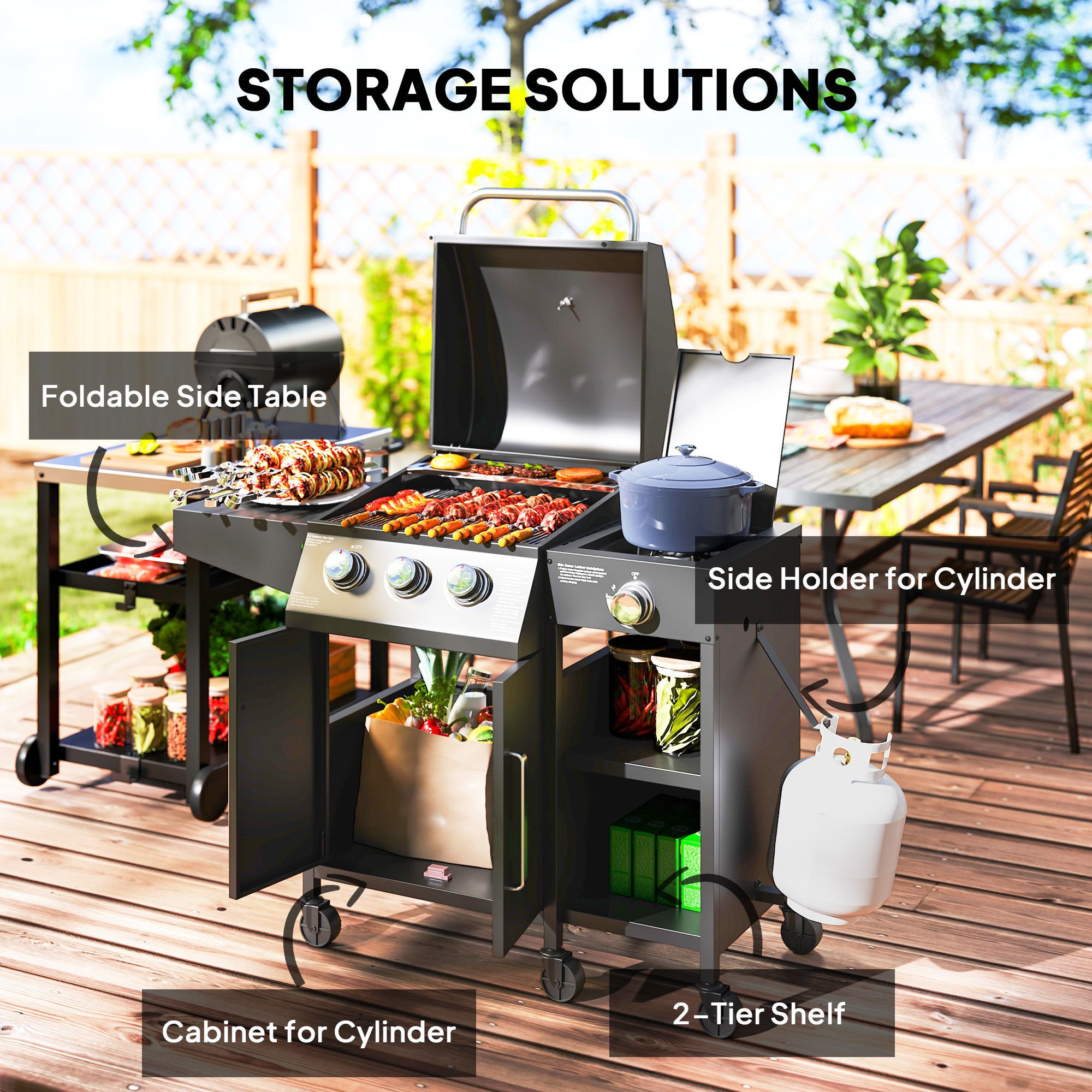 3 Burner Gas Grill with Side Burner, 9.5 KW Propane BBQ Grill, Cabinet Style with Shelves, Wheels, Instant Ignition - Image 3