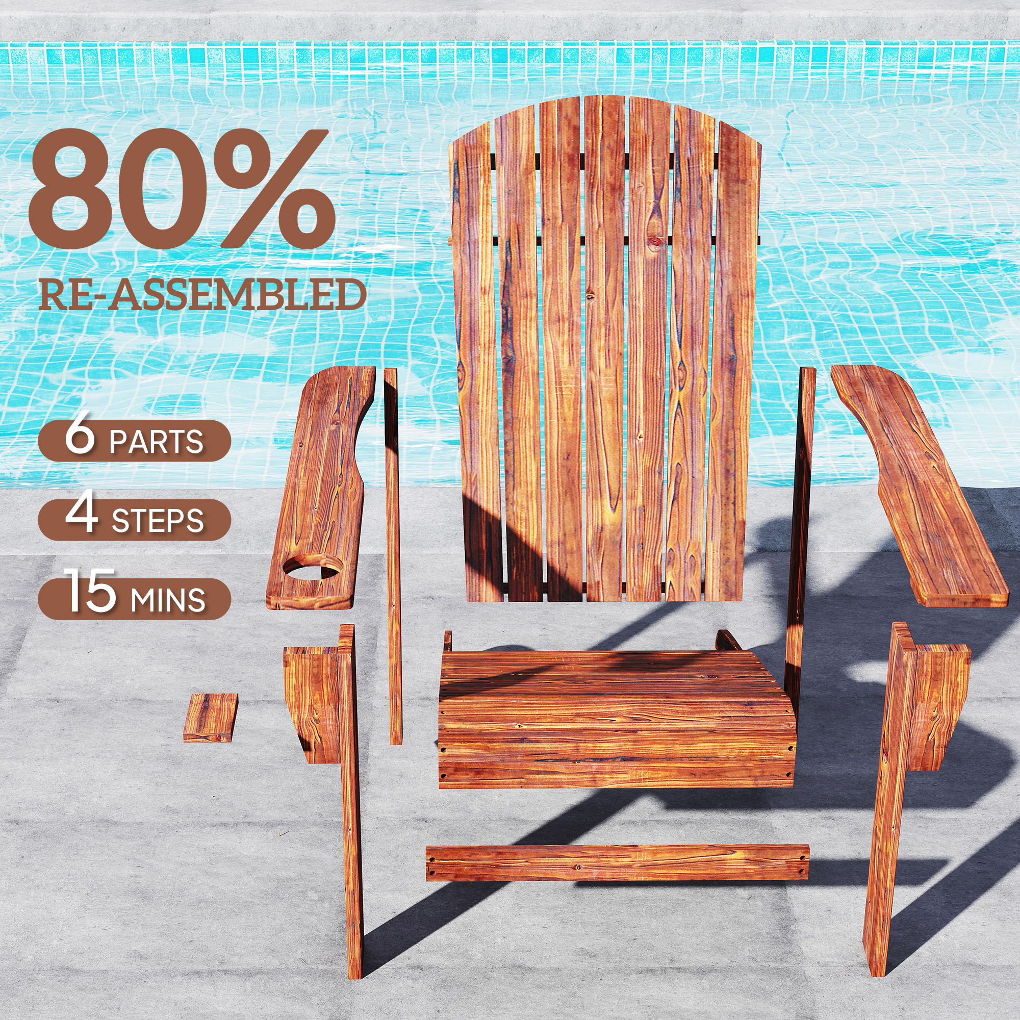 Classic Adirondack Chair Muskoka Chair, Garden Deck Chair with Cup Holder for Patio, Indoor, Backyard, Brown - Image 3