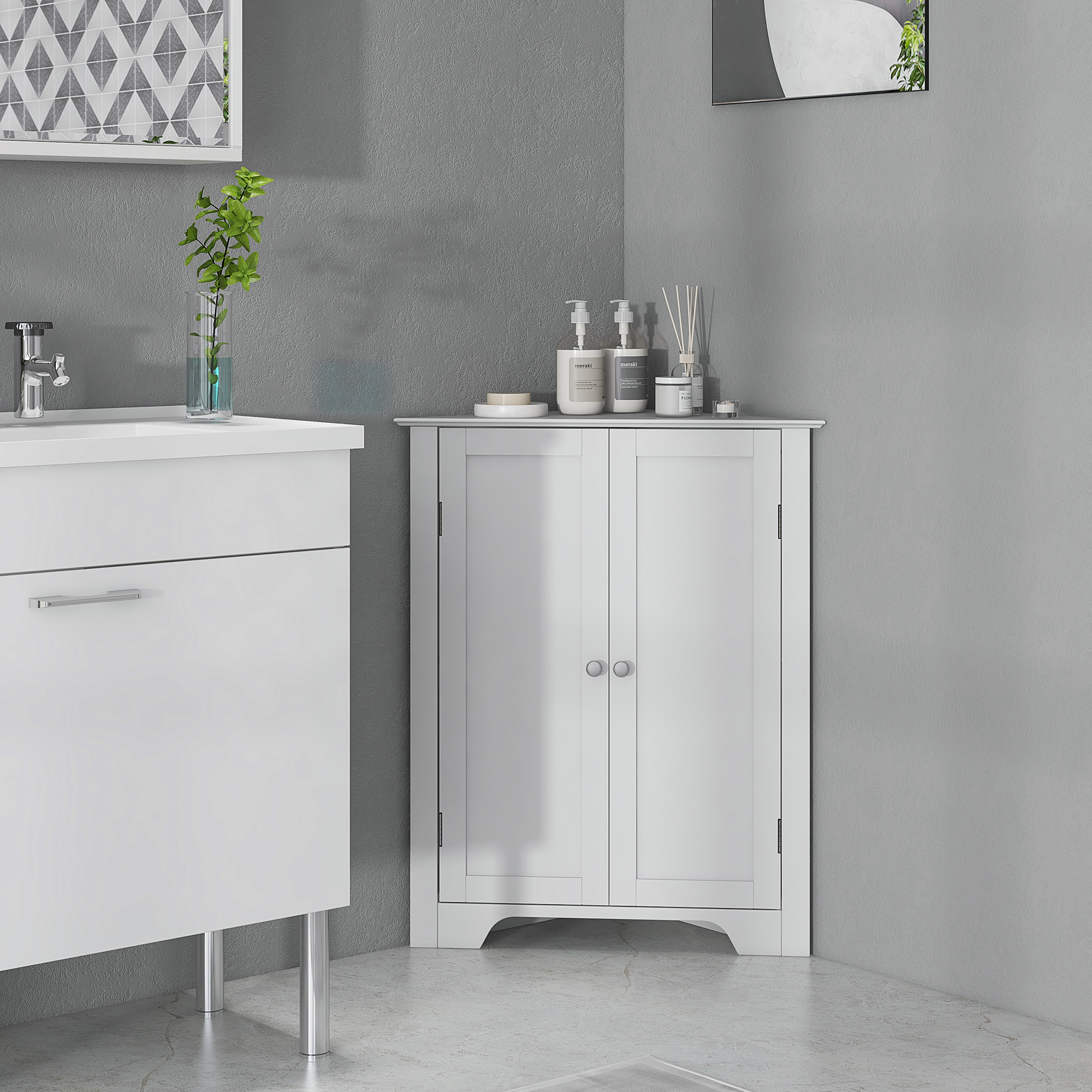 Modern Bathroom Storage Cabinet, Corner Cabinet with Doors, Bathroom Cabinet with Adjustable Shelf and Recessed Door, White - Image 6