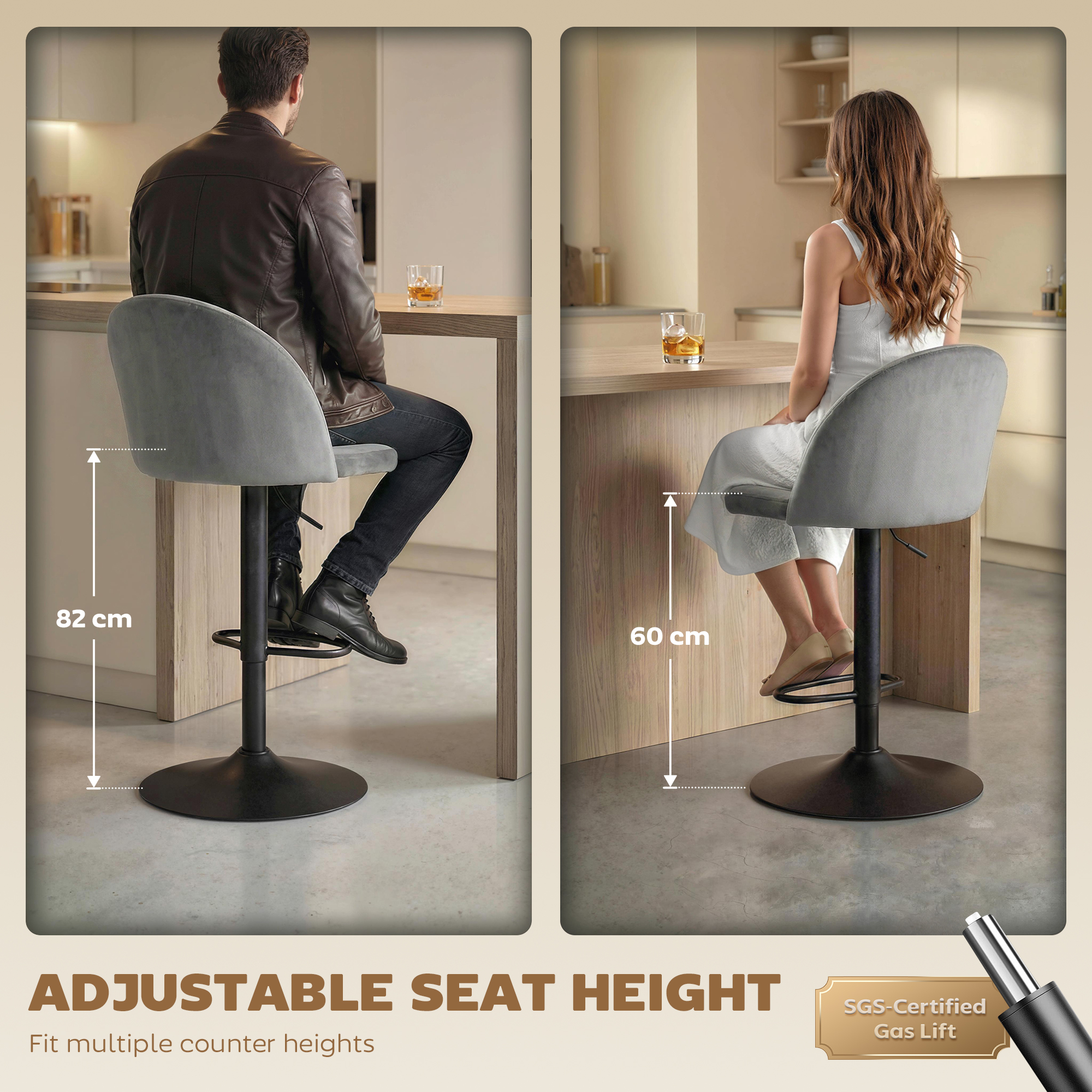 Bar Stools Set of 2, Swivel Counter Height Barstools with Footrest, Grey - Image 3