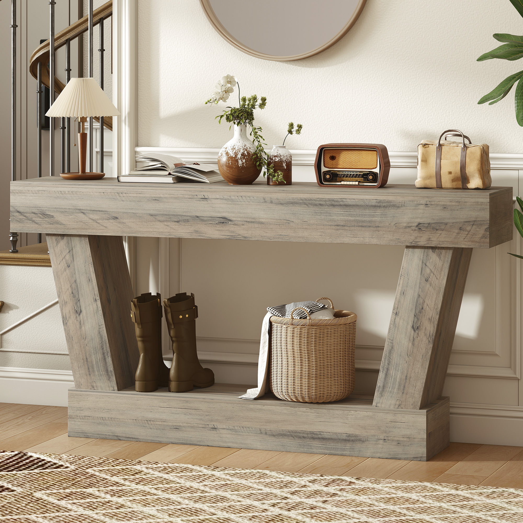 63 Inch Vintage Console Table, Narrow Entryway Table with Open Shelf for Living Room, Light Brown - Image 6