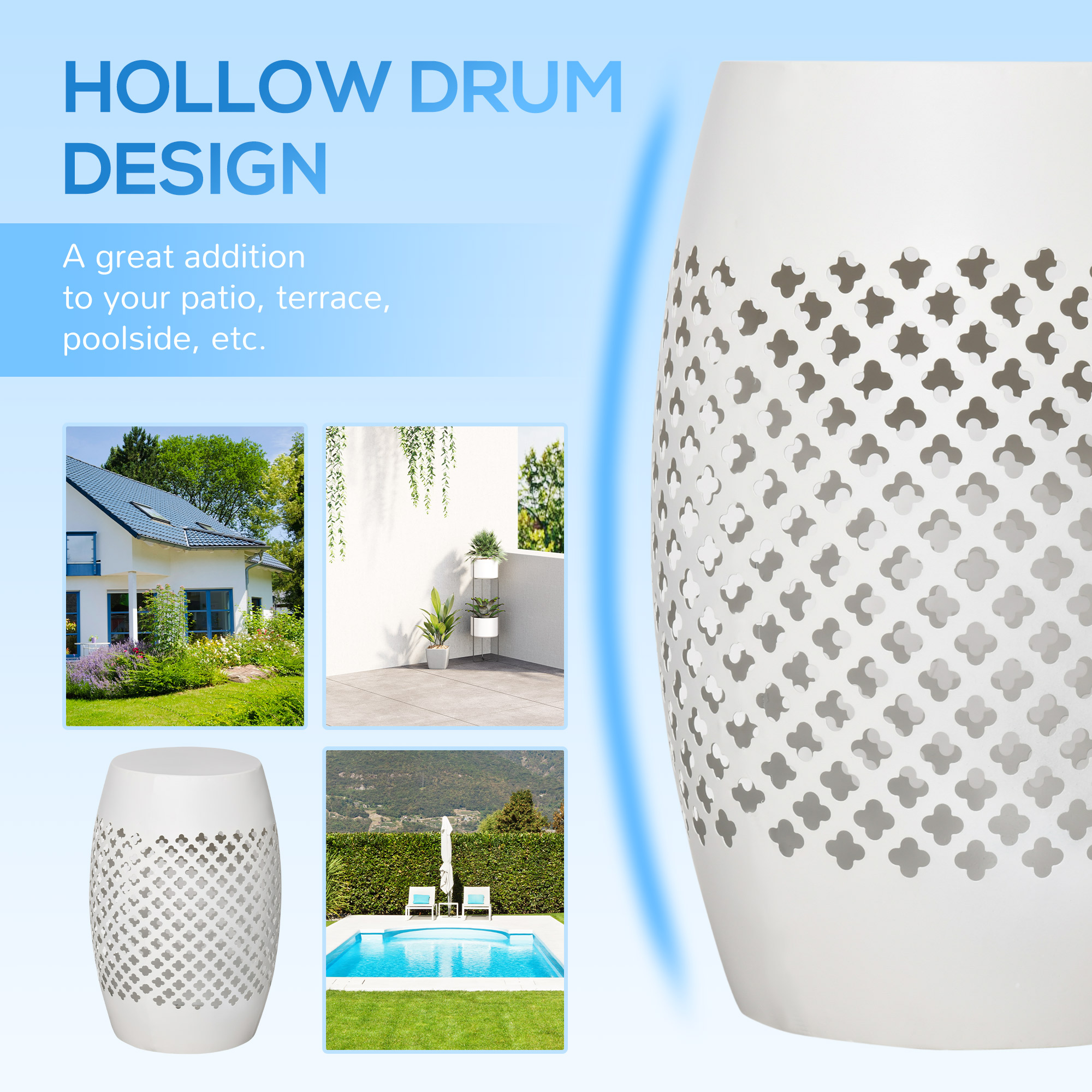 12" Steel Patio End Table, Round Hollow Drum Side Table, Accent Table for Indoor and Outdoor, White - Image 2