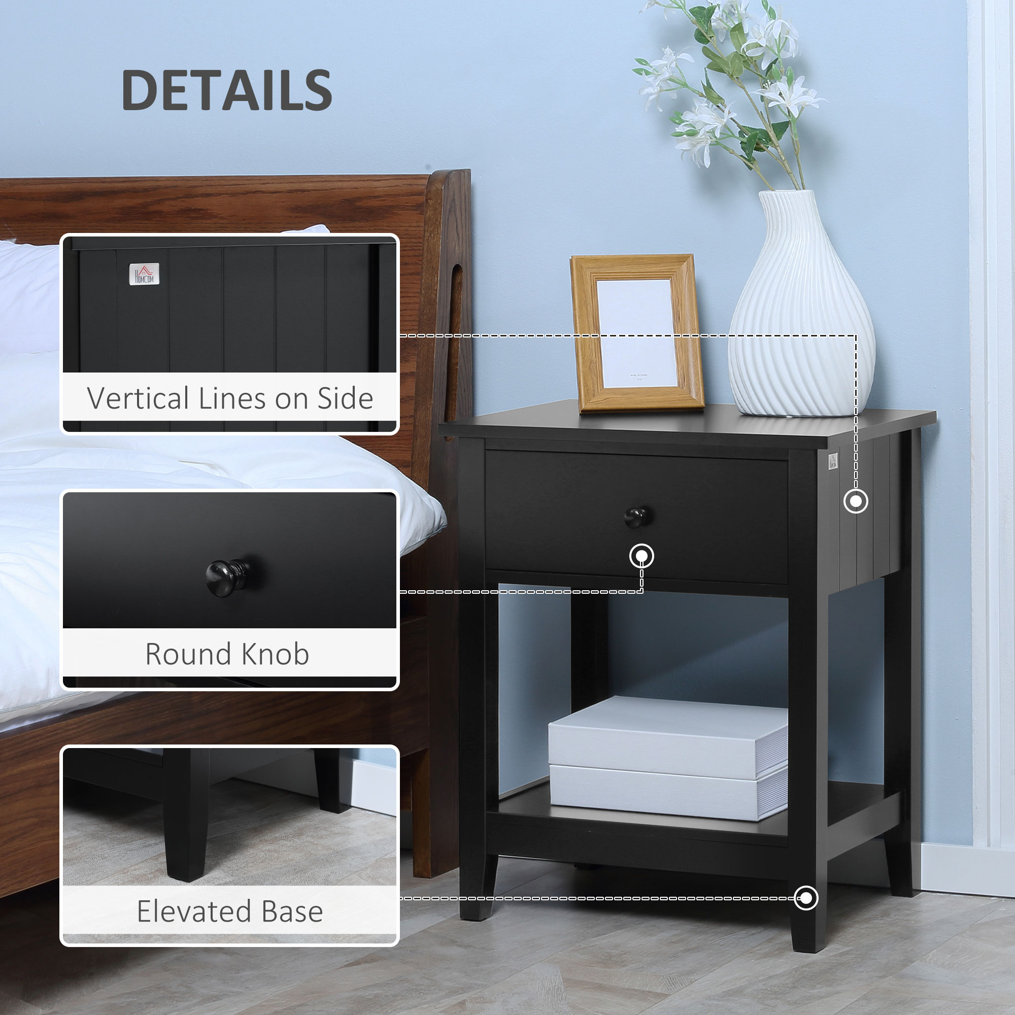 Modern Style Nightstand, Small End Table with Drawer and Storage Shelf for Bedroom, Living Room, Black - Image 4