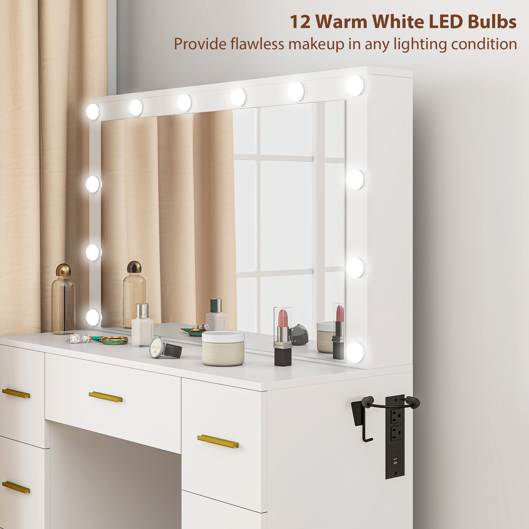 Makeup Vanity Desk with Mirror and Lights, Dressing Table with 7 Drawers, 6 Hidden Sliding Storage Compartments, White - Image 2