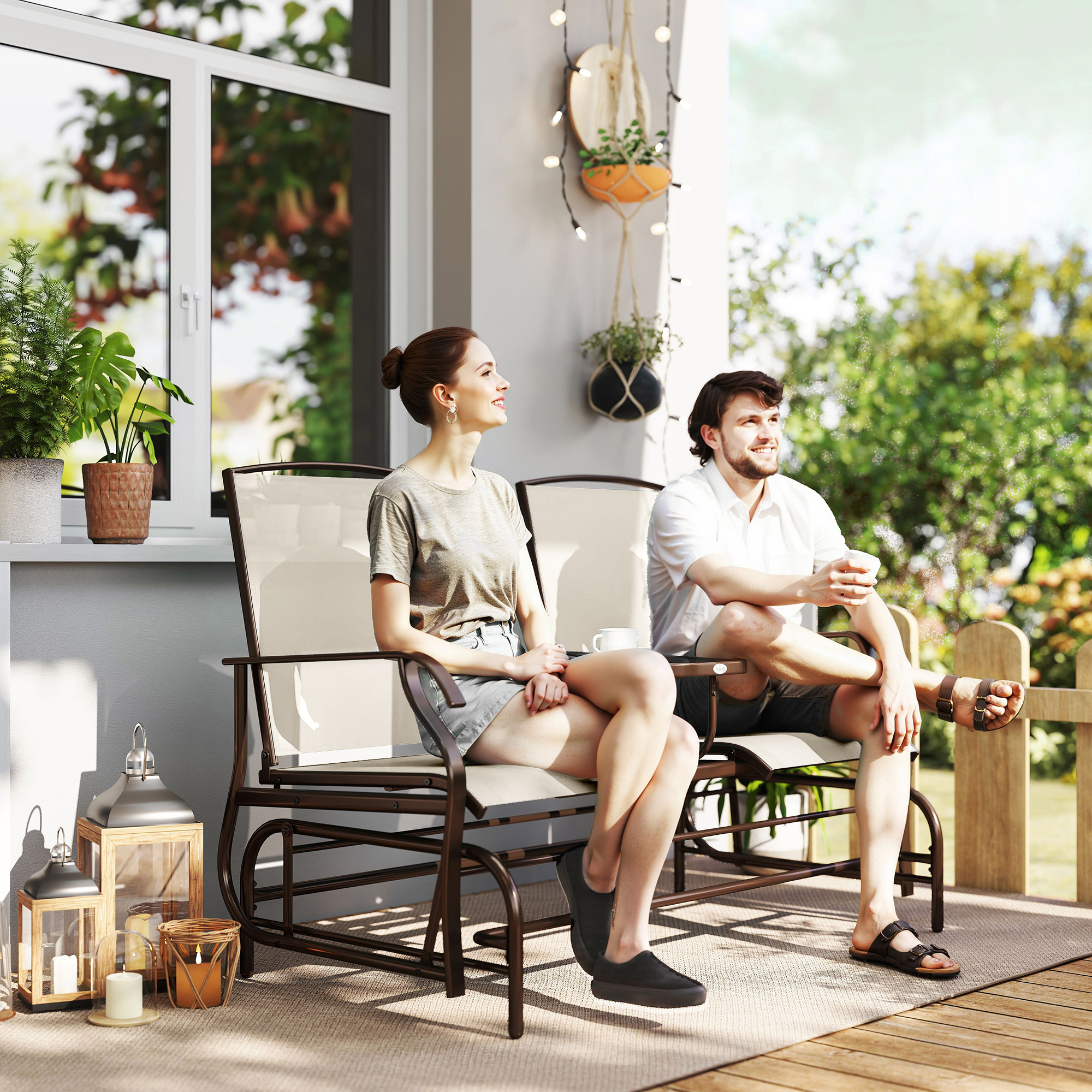 Patio Glider Rocking Chair 2 Person Outdoor Loveseat Rocker Garden Furniture Bench, Beige - Image 6