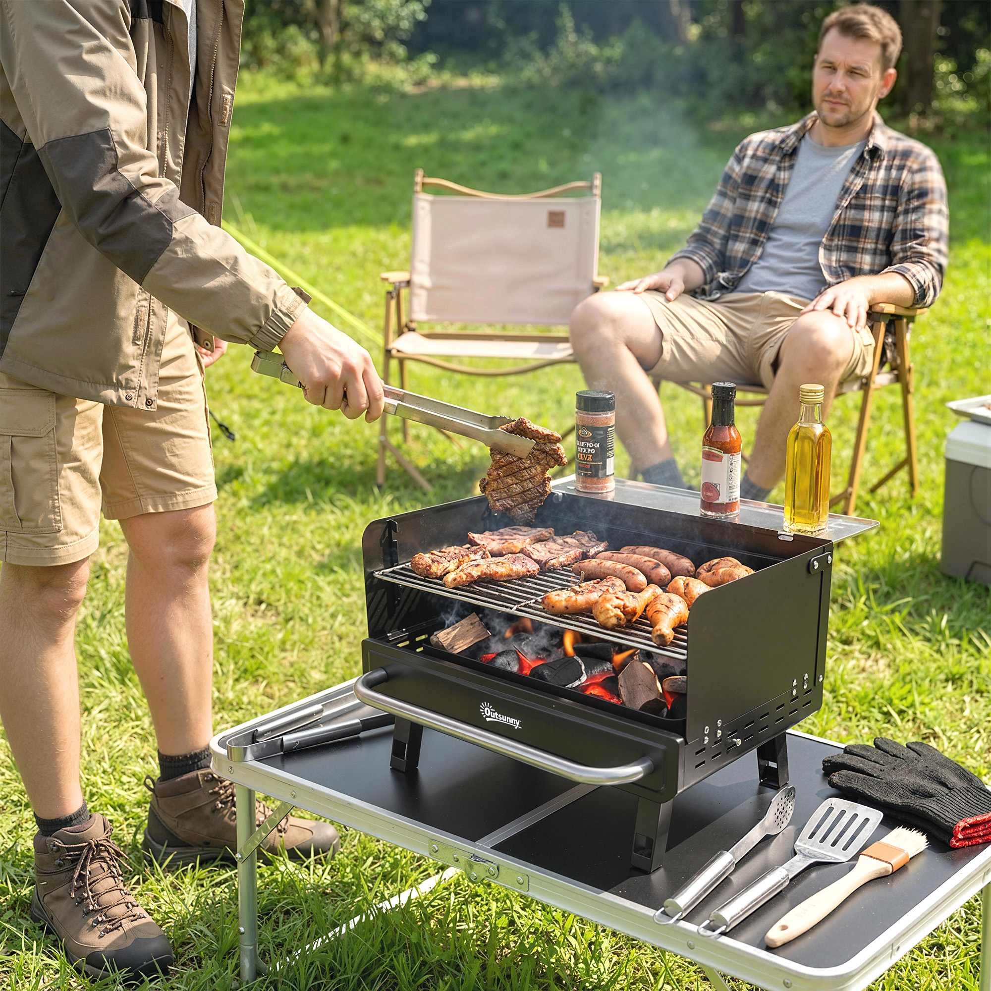 Charcoal BBQ Grill, Portable Barbecue Grill with Adjustable Grates, Foldable Legs, Side Shelf for Camping Travel, Black - Image 6