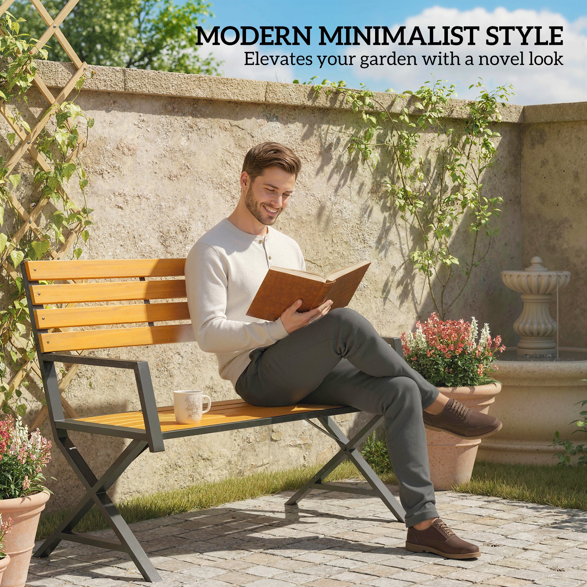 Outdoor Garden Bench, Patio Bench with Backrest and Armrests, 2-Person Garden Seating - Image 2