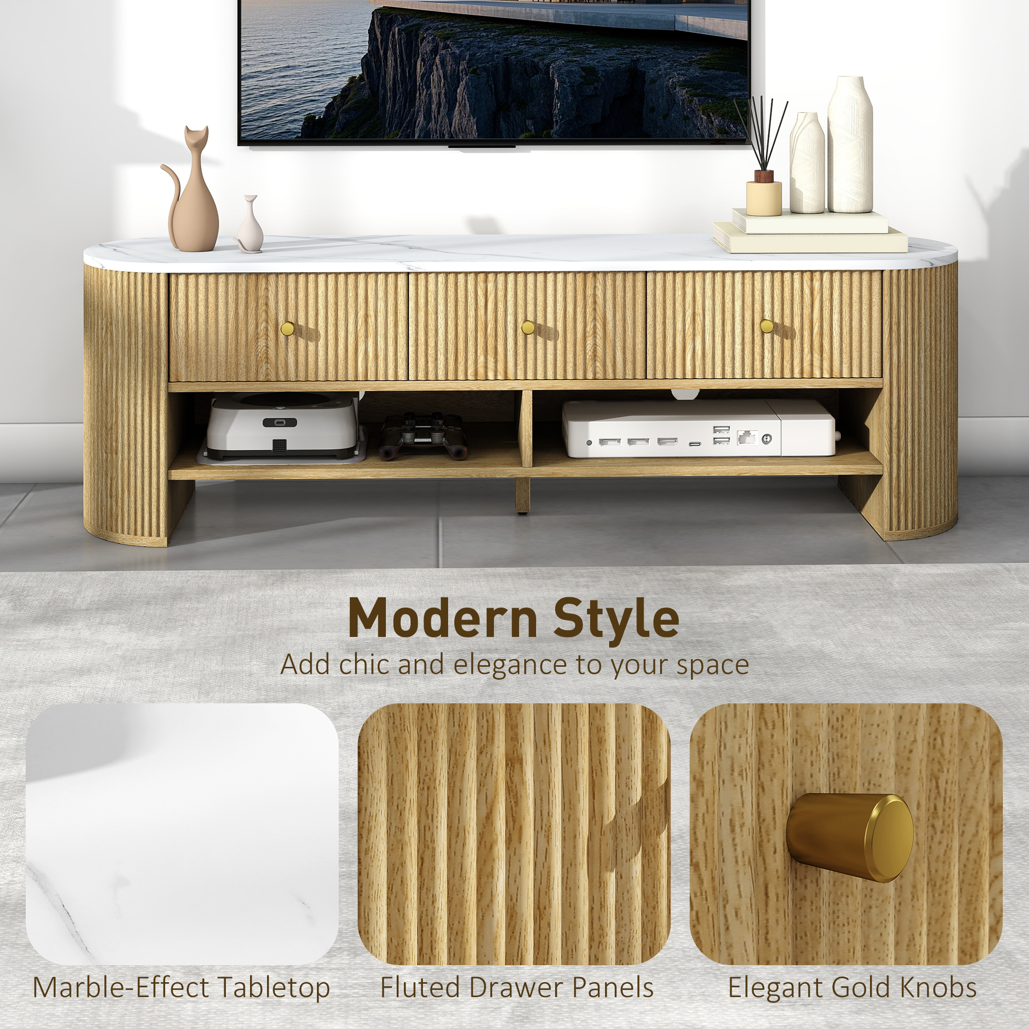 TV Stand, Modern TV Table with Marble-Effect Top, 3 Drawers and 2 Open Shelves for 32-65 Inch Television, Natural - Image 2