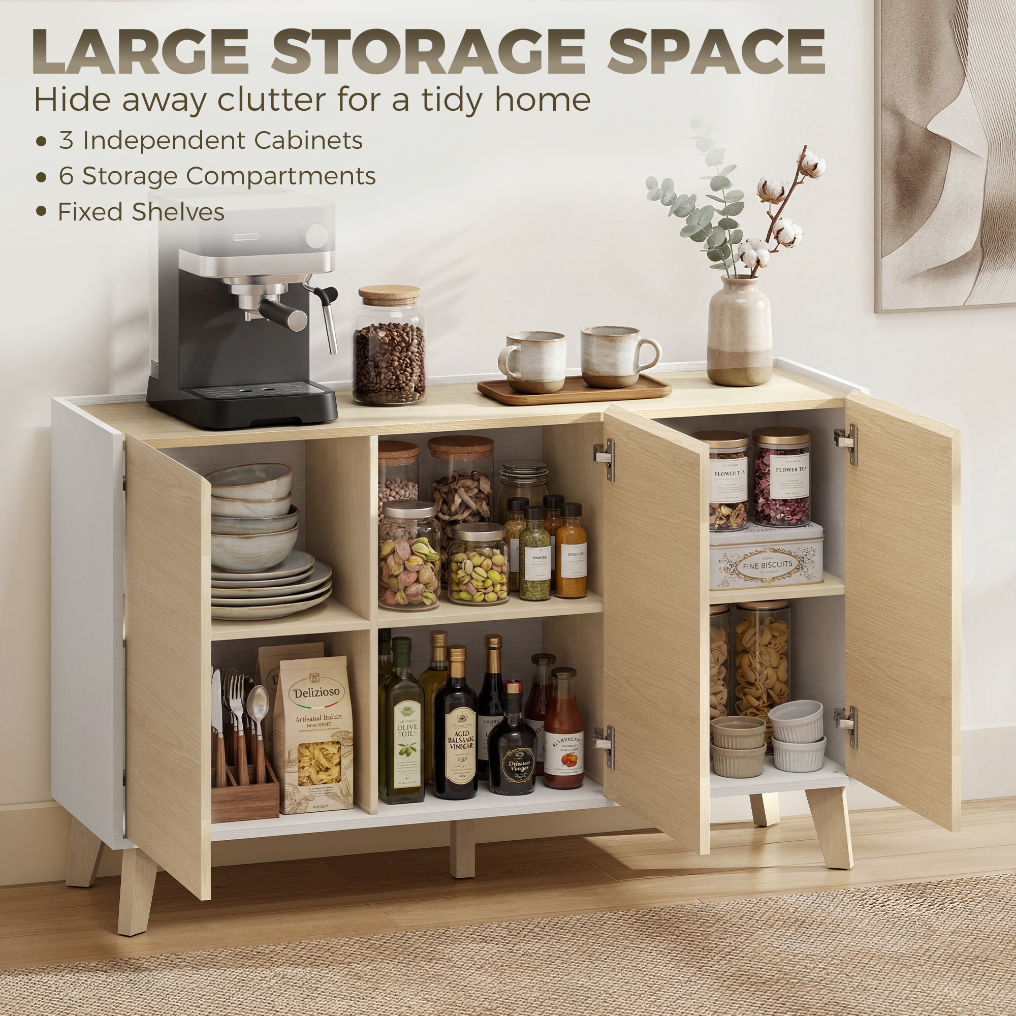 Sideboard Buffet Cabinet, 47" Modern Kitchen Storage Cabinet with 6 Compartments, Soft-Close Doors, Natural Wood Effect - Image 3