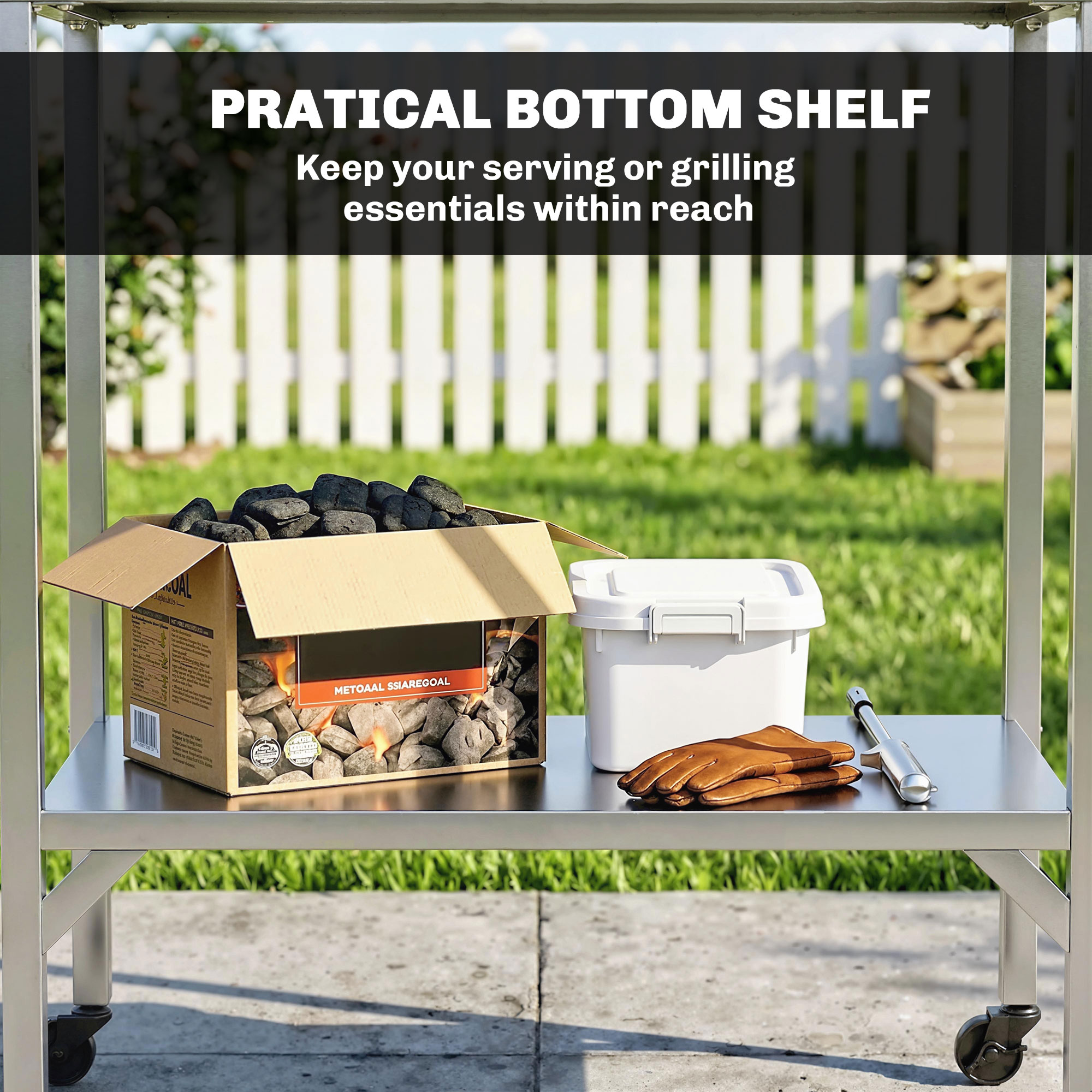 Outdoor Grill Cart with Stainless Steel Tabletop, Pizza Oven Stand with Shelf, Lockable Wheels, Rolling BBQ Table - Image 3