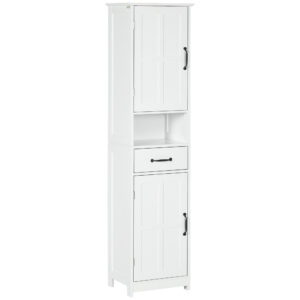 Modern Bathroom Cabinet, Narrow Bathroom Vanities with Open Shelf Drawer Recessed Doors and Adjustable Shelves White
