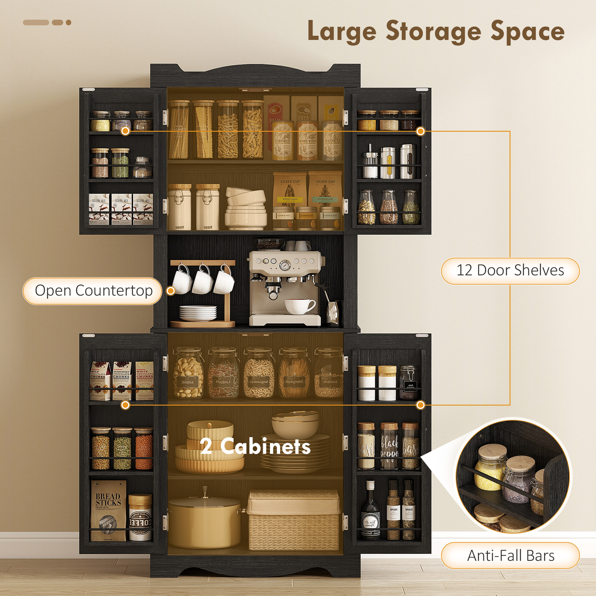 73" Kitchen Pantry Cabinet, Freestanding Kitchen Hutch with 12 Door Shelves, Adjustable Shelves, Microwave Stand, Black - Image 2
