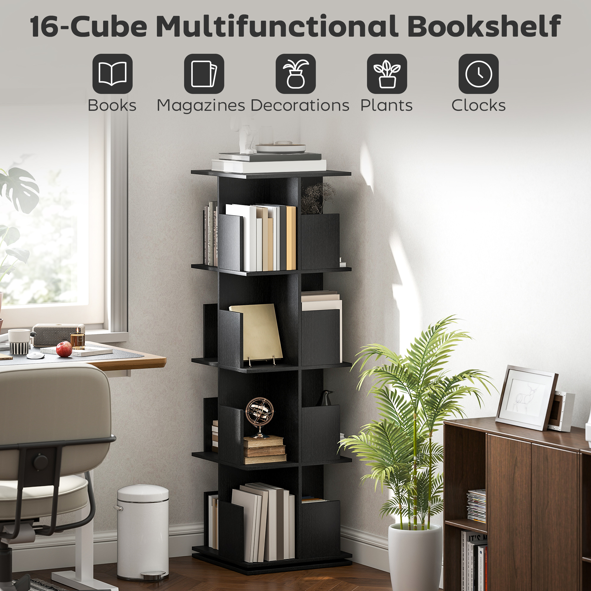 360° Rotating Bookcase with Anti-Tipping Straps, Anti-Slip Foot Pads, 4 Tier Bookshelf with 16 Cubbies for Books, Plants, Decorations, Black - Image 3