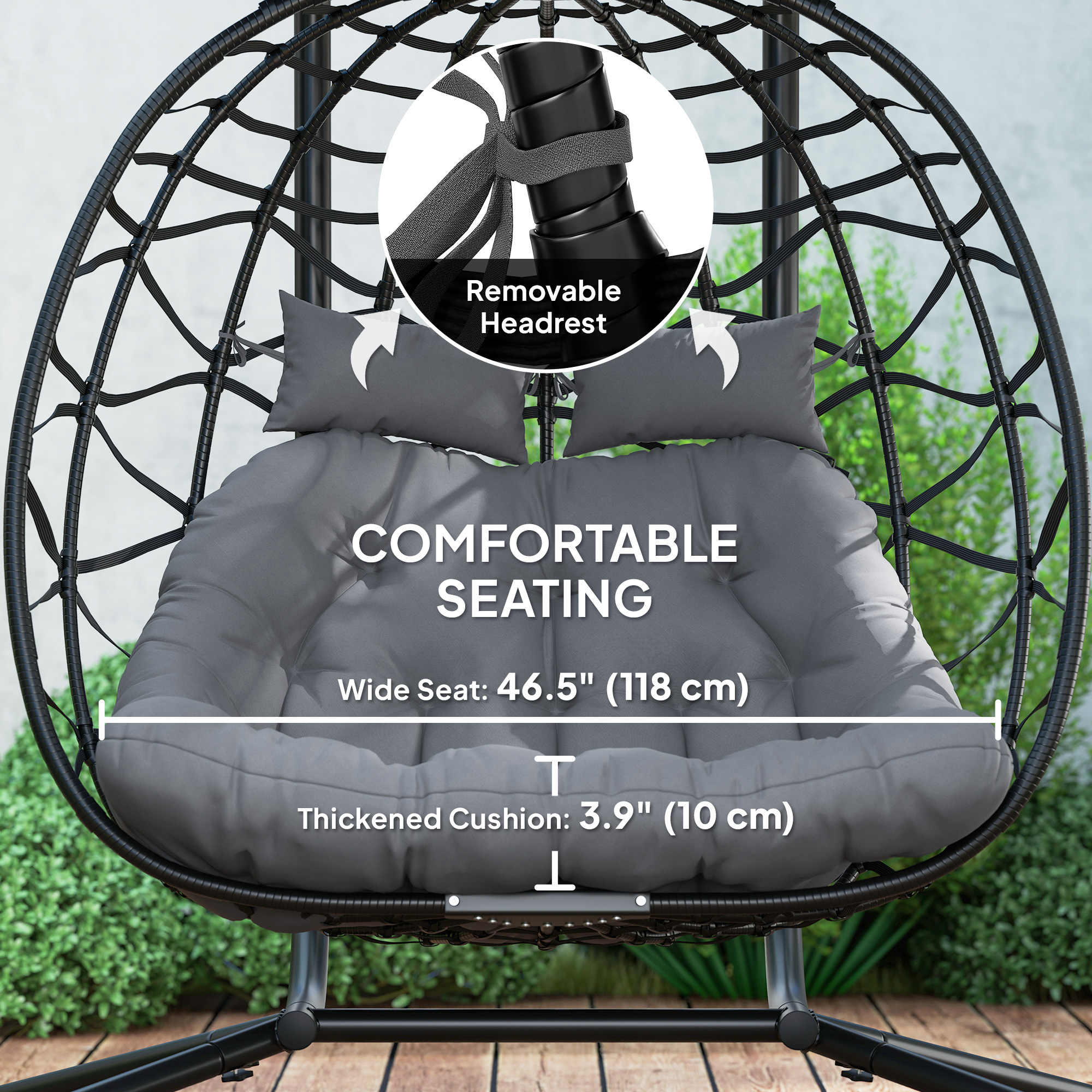 Double Wicker Egg Swing Chair with Canopy, Foldable Hanging Egg Chair with Stand Cushion Headrest, Black - Image 5