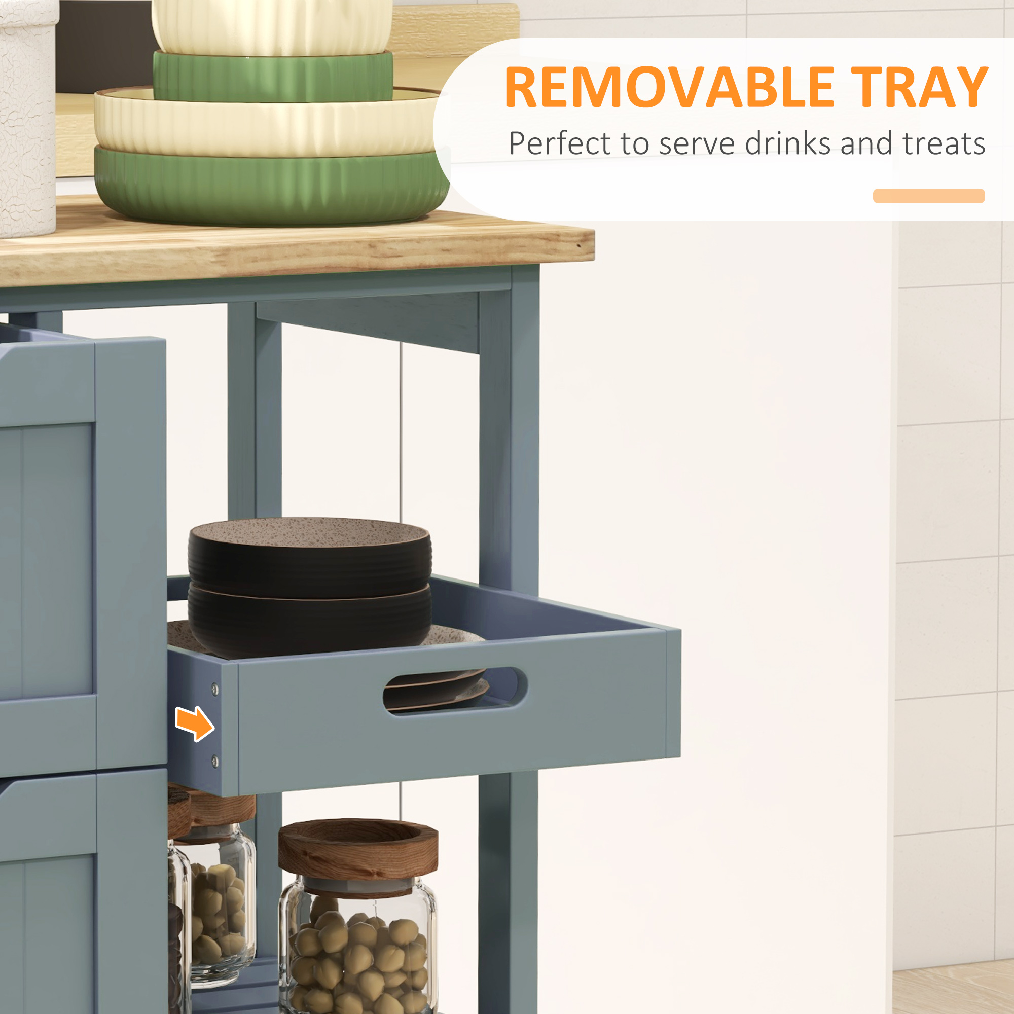 Kitchen Cart on Wheels, Rolling Kitchen Island Cart with Wood Top, 3 Drawers and Shelves for Home Dining Area - Image 3