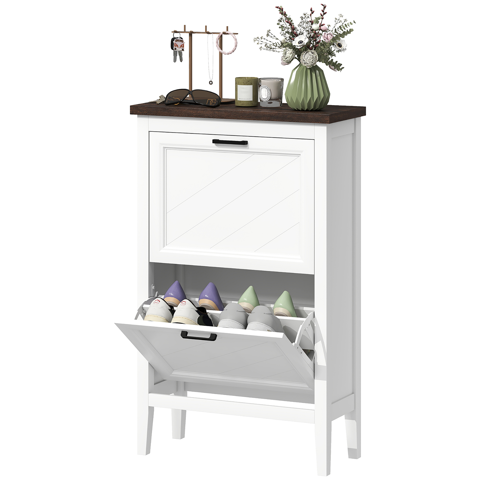 Shoe Cabinet with 2 Flip Drawers, Farmhouse Narrow Shoe Storage Cabinet with Adjustable Shelves, White