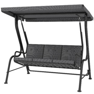 3-Person Porch Swing Chair, Patio Swing Bench with Adjustable Canopy, Removable Thicken Cushion, Black