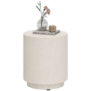 Terrazzo Finish Side Table, 17" Round End Table for Indoor and Outdoor, Cream White