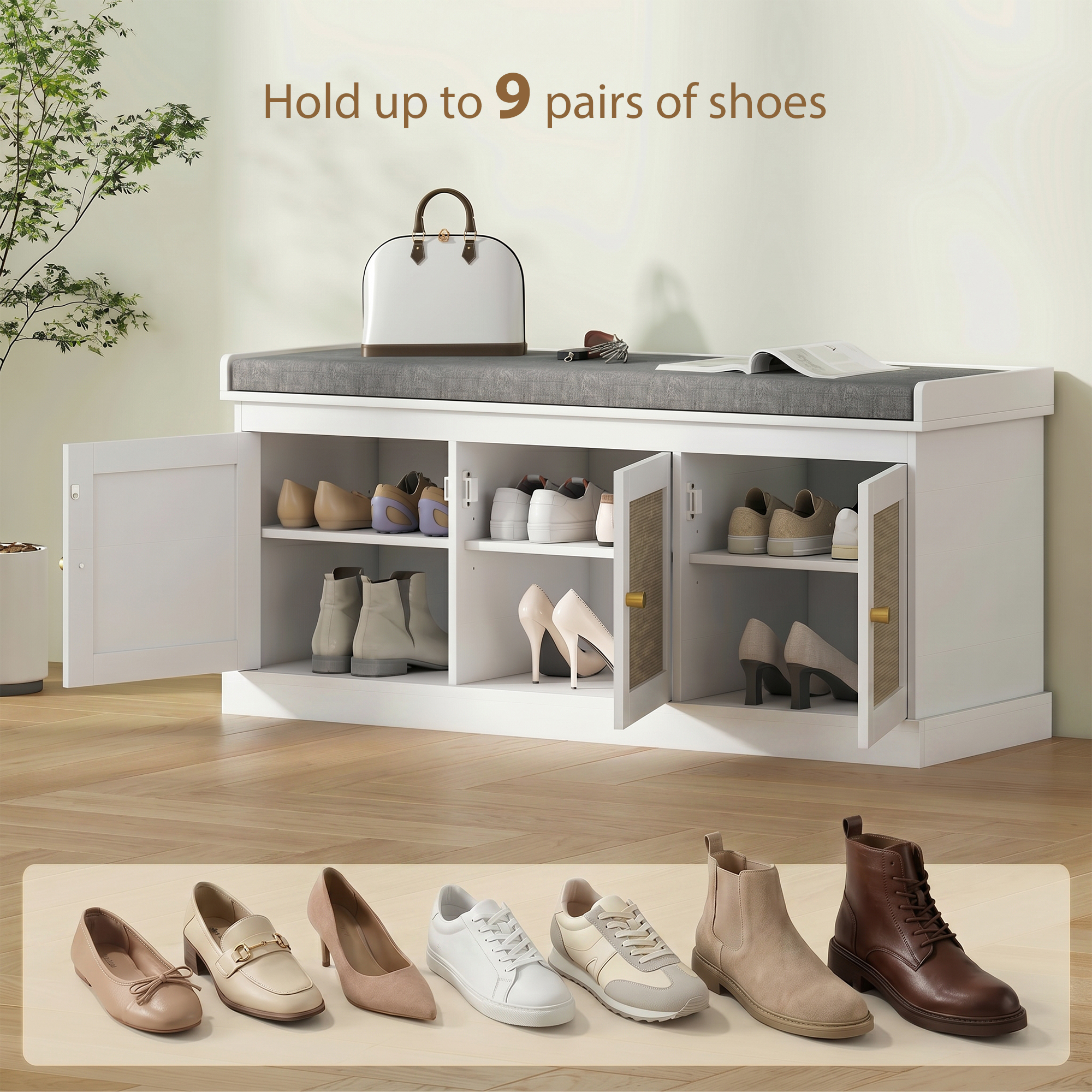 Shoe Storage Bench with Woven Rattan Doors, Shoe Bench with Cushion, Adjustable Shelves, Entryway Bench, White - Image 4