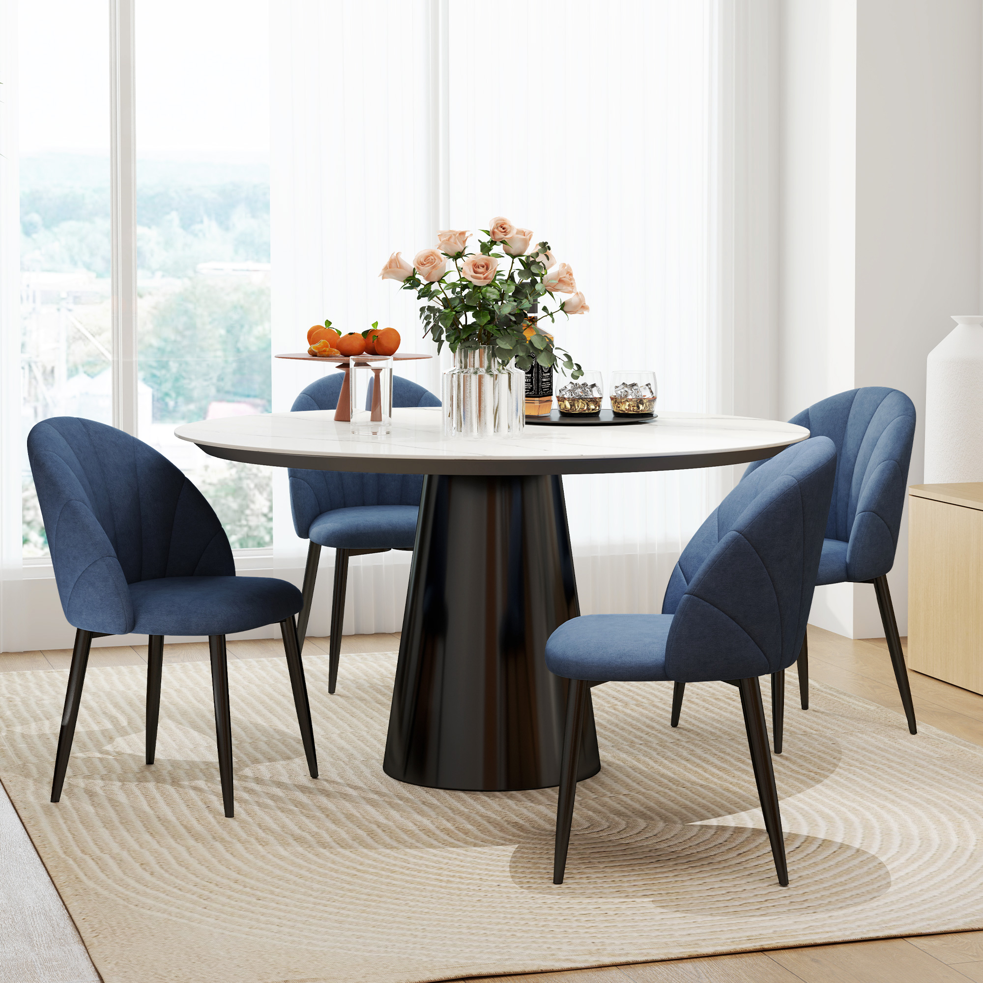 Modern Dining Chairs Set of 4, Upholstered Dining Room Chairs with Metal Legs, Shell Backrest, Padded Seat, Blue - Image 6