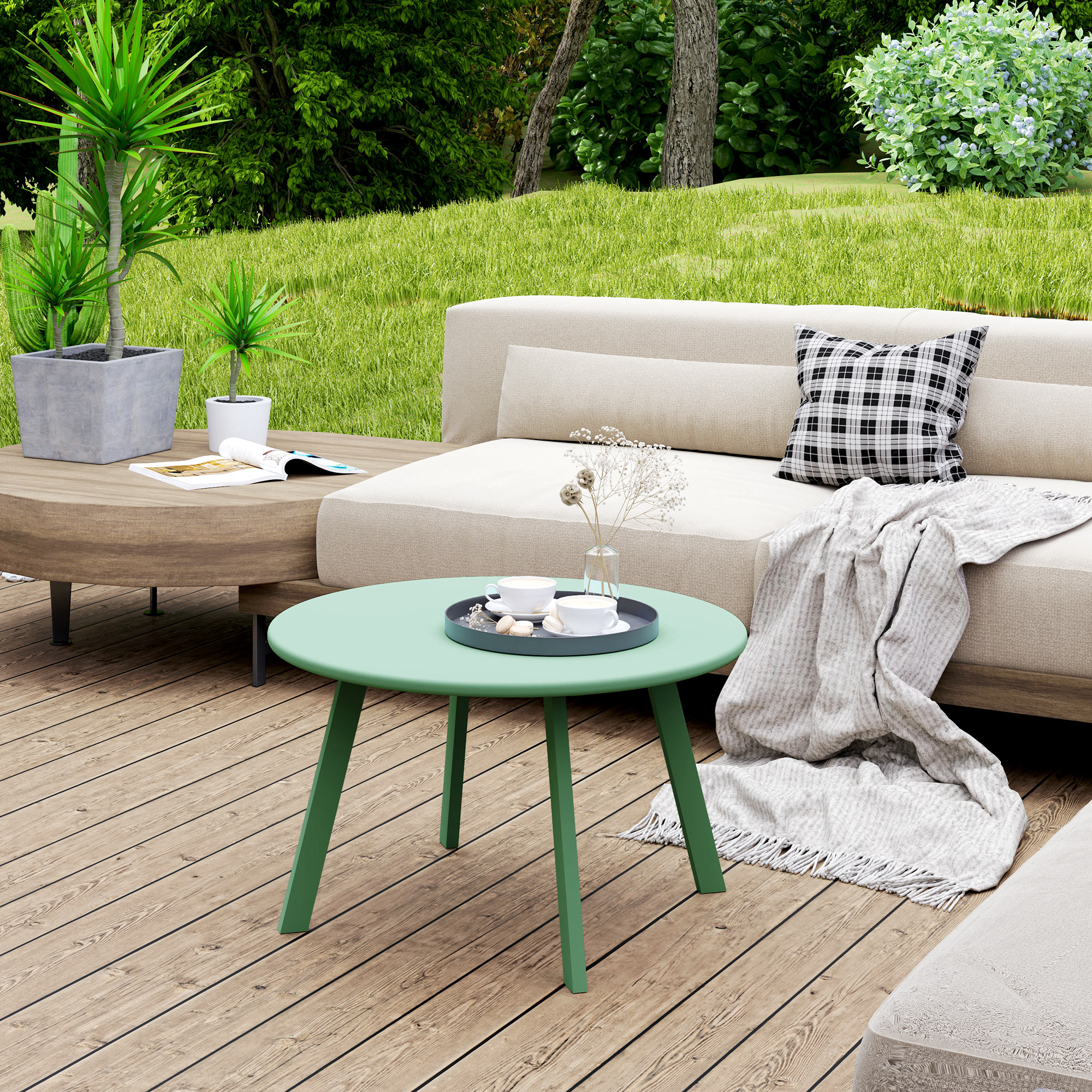 Round Outdoor Side Table, Patio Coffee Table with Metal Frame and Non-Slip Foot Pads, Green - Image 6
