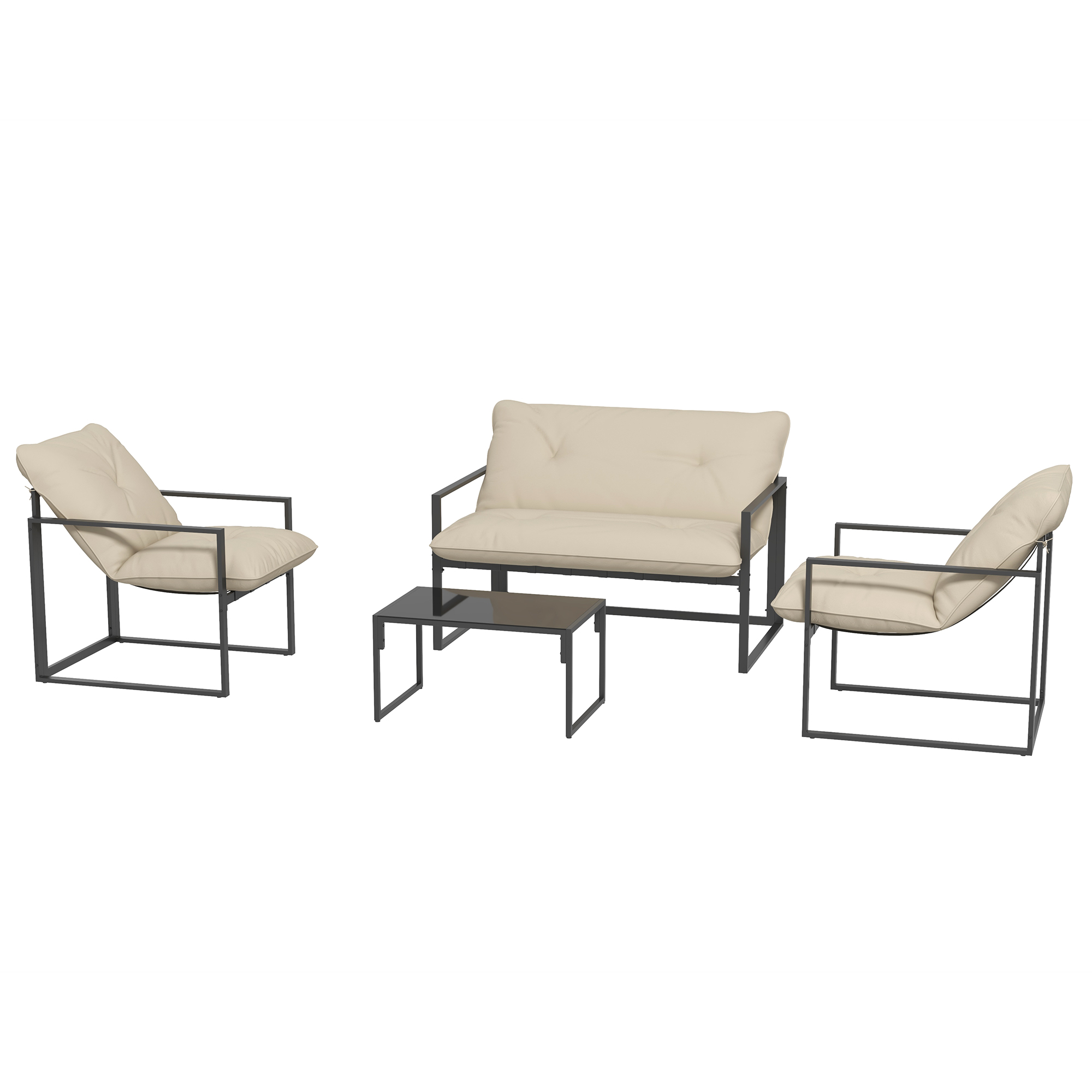 4 Piece Outdoor Furniture Set, Patio Conversation Set with Tempered Glass Table, Loveseat, 2 Chairs and Cushions, Beige - Image 2