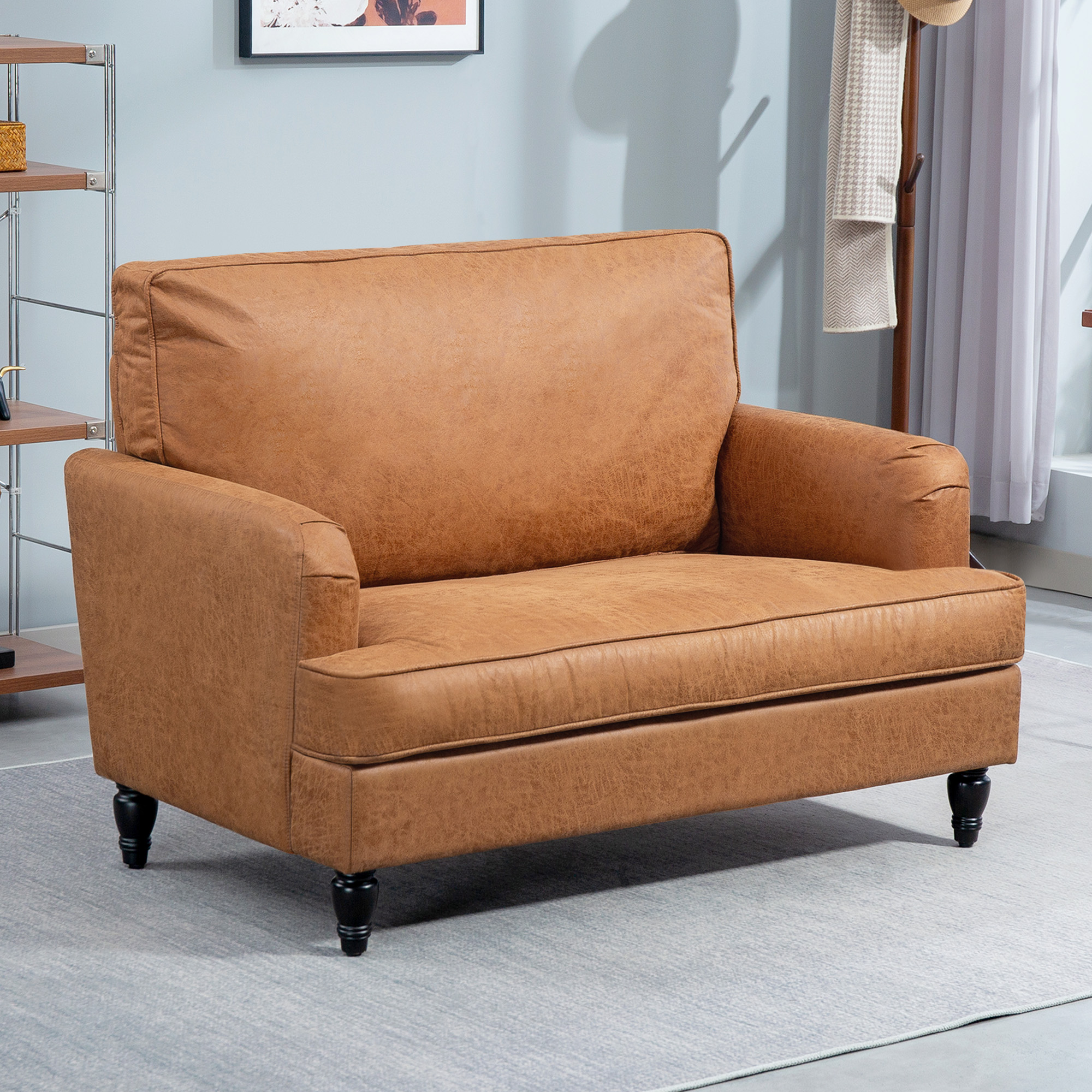 Modern Accent Chair, Leathaire Armchair with Turned Legs and Wide Seat, Comfy Chair for Living Room, Brown - Image 6