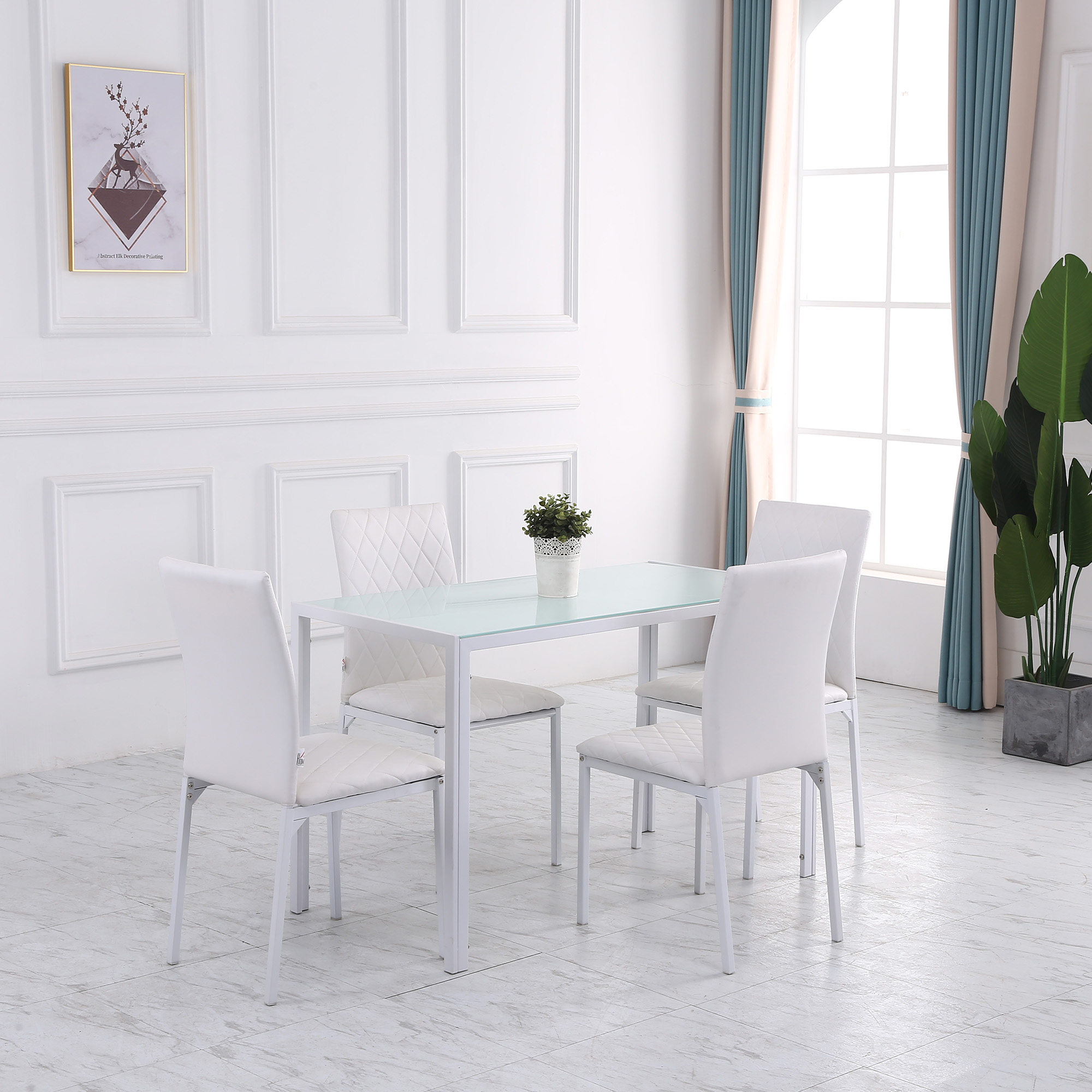 Modern Dining Chairs Set of 4, Upholstered Faux Leather Kitchen Chairs with Rhombic Tufting and Metal Legs for Living Room, White - Image 2