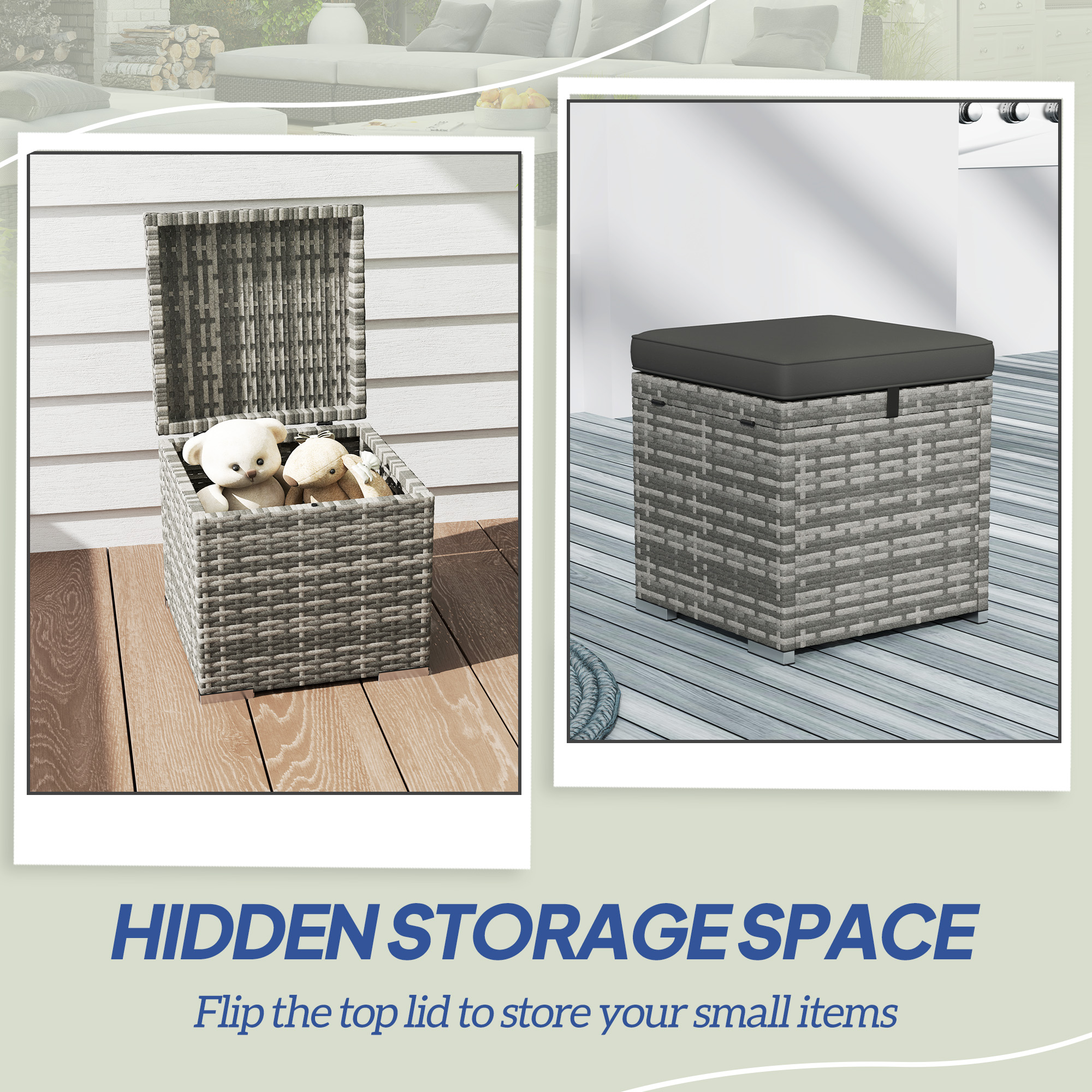 2 Pieces Wicker Outdoor Ottoman with Storage, Cushion, Square Outdoor Footstool, Seating, Side Table, Dark Grey - Image 2