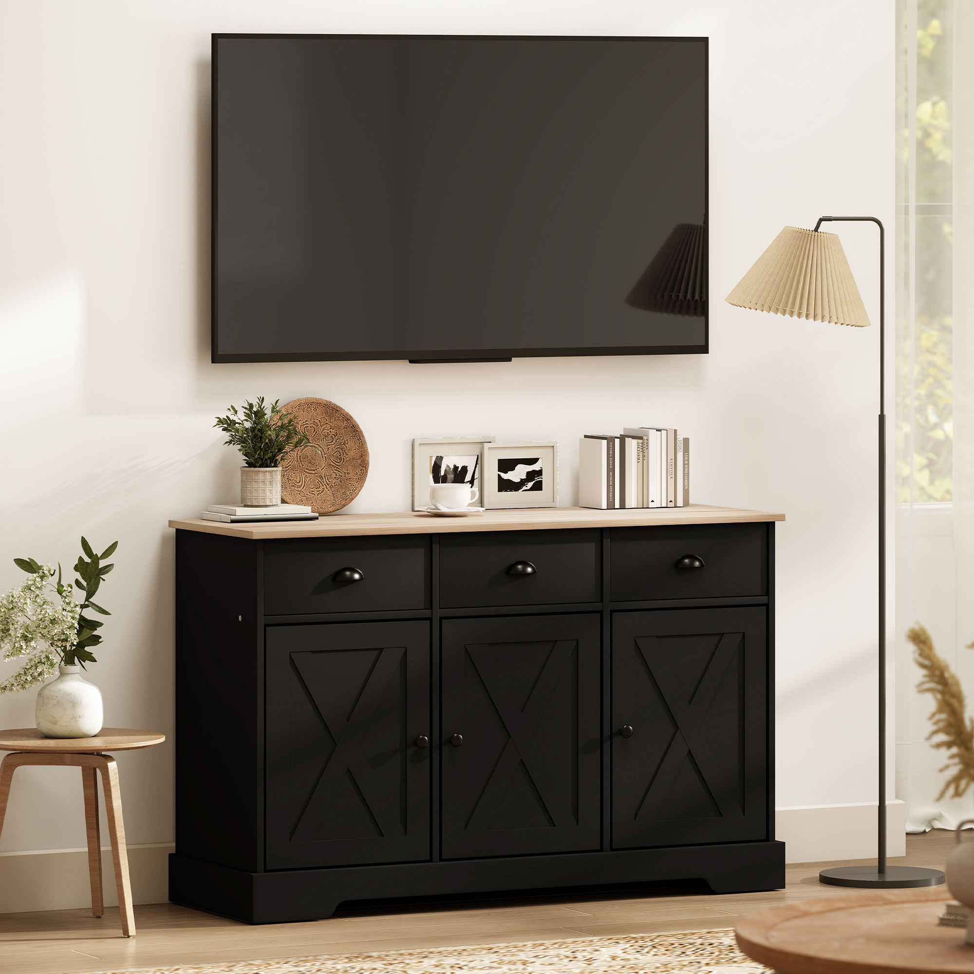 46.5" Buffet Cabinet, Farmhouse Sideboard with 3 Barn Doors and 3 Drawers for Living Room, Kitchen, Black - Image 5