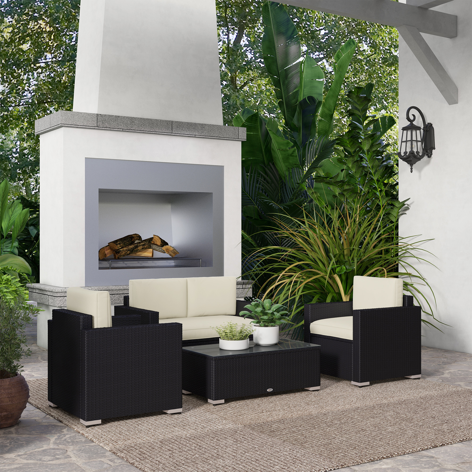 Outdoor Furniture with Table, Wicker Furniture with Loveseat and 2 Chair for Garden, Poolside, Cream - Image 6