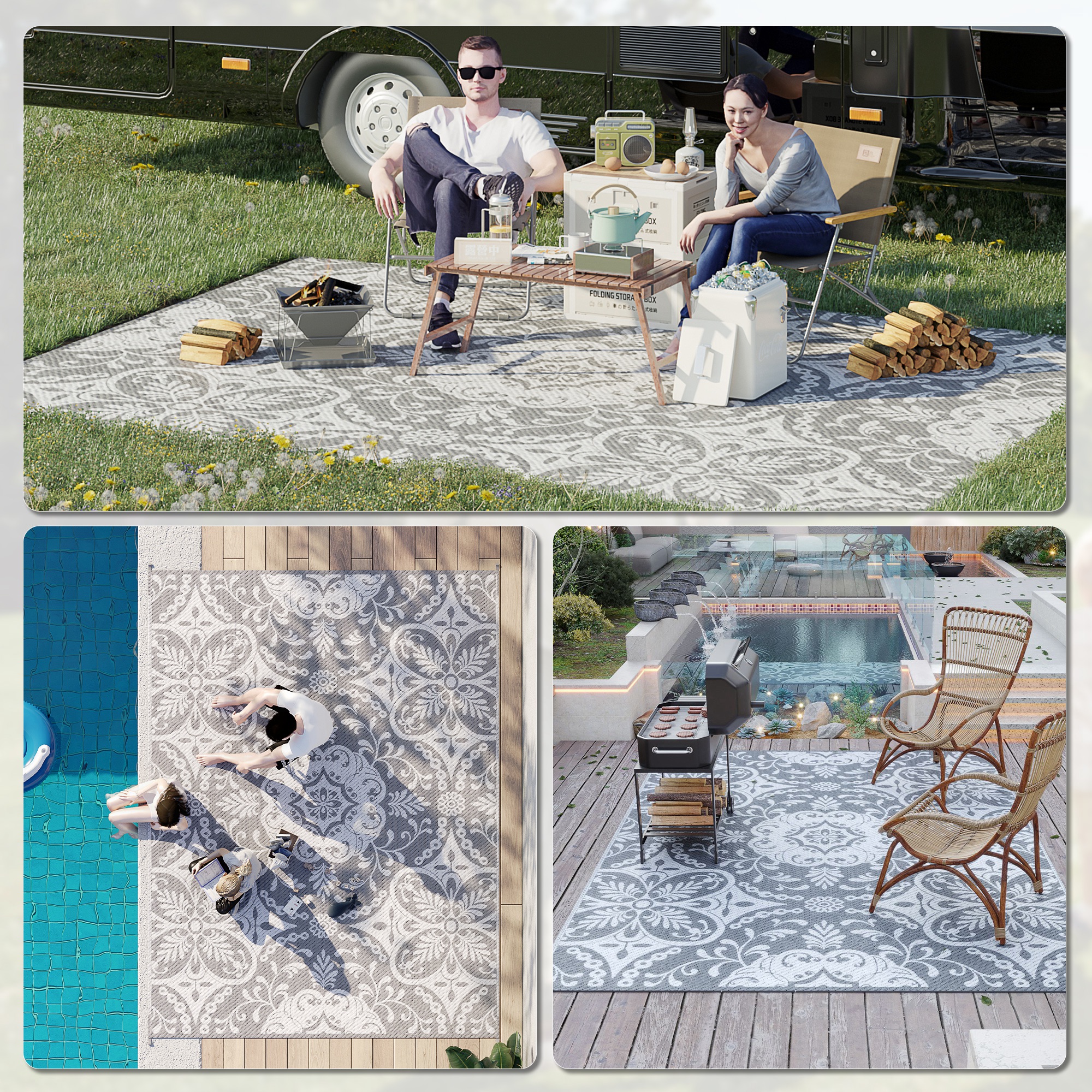 Portable Outdoor Rug with Carry Bag, 9' x 12' Reversible Mat, Waterproof Plastic Straw RV Rug for Backyard, Deck, Picnic, Beach, Camping, Gray & White Flower - Image 3