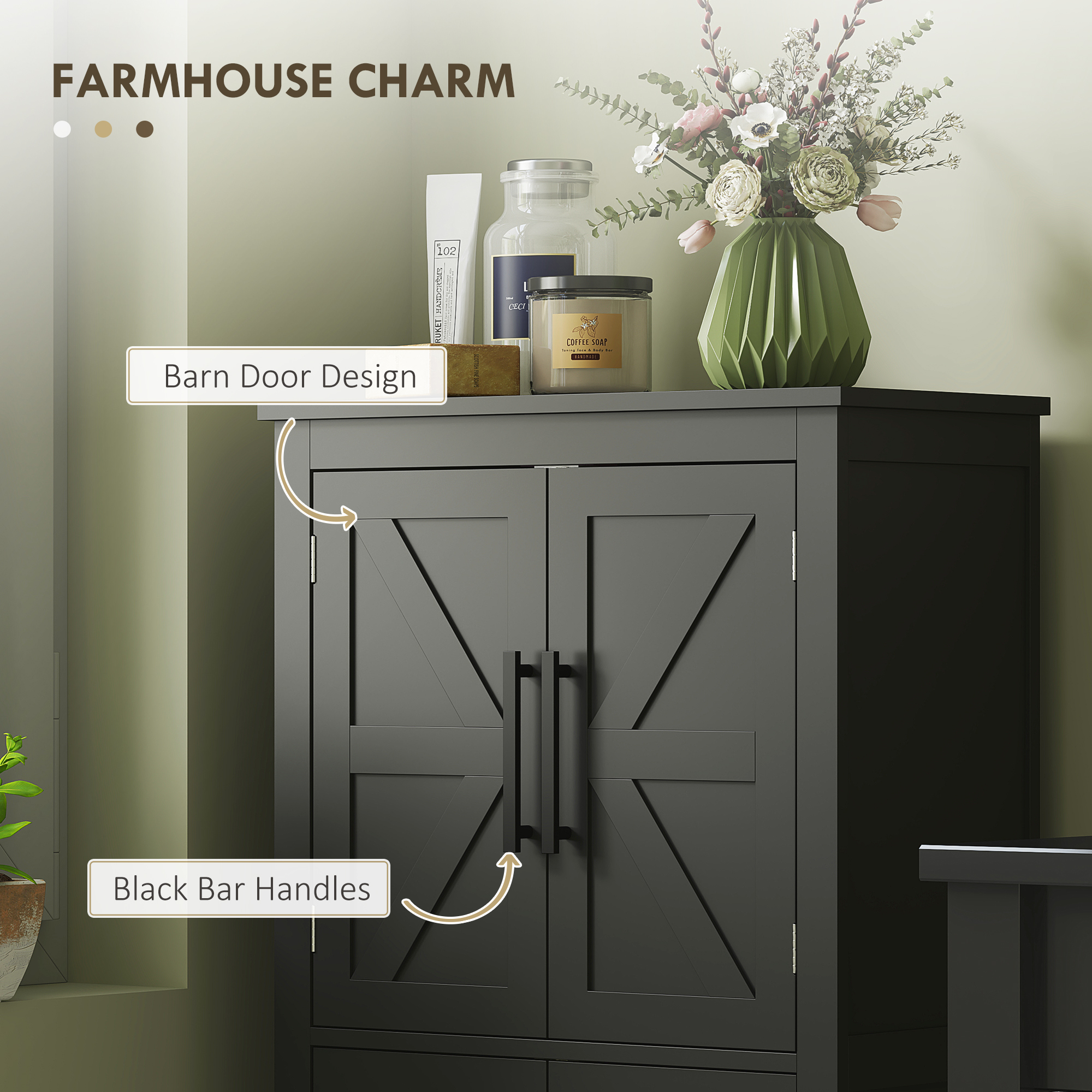 Farmhouse Bathroom Storage Cabinet, Bathroom Floor Cabinet with Barn Doors and Adjustable Shelf, Black - Image 4