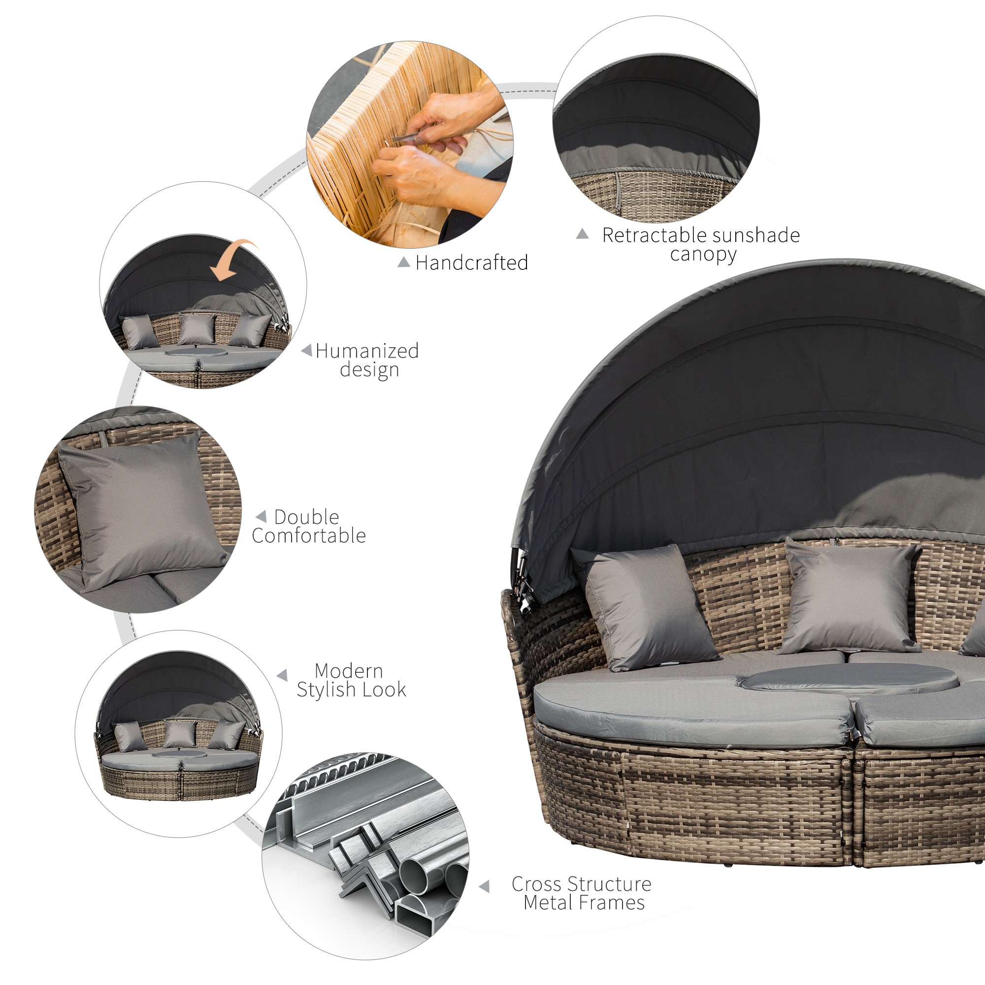 4 Pieces Outdoor Daybed with Retractable Canopy, PE Rattan Wicker Round Sofa Day Bed, Patio Sectional Conversation Furniture Set with Cushions and Pillows, Grey - Image 5