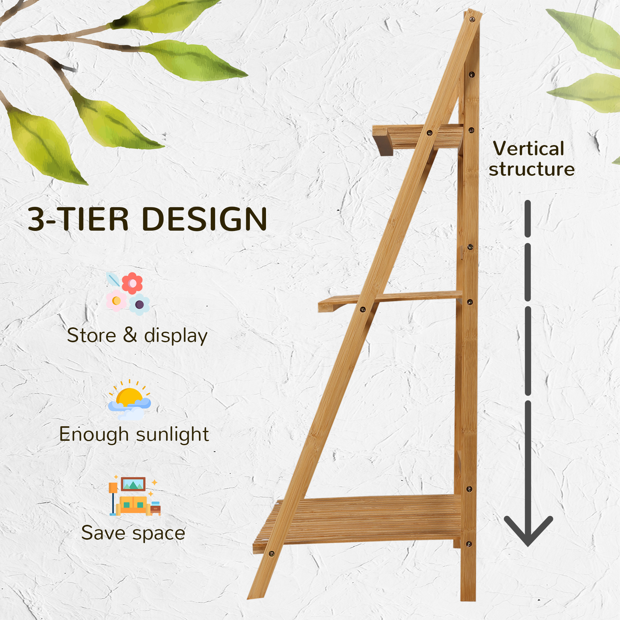 3-Tier Plant Stand, Plant Shelf Rack, Folding Bamboo Display Stand, 98x37x96.5cm, Natural - Image 2