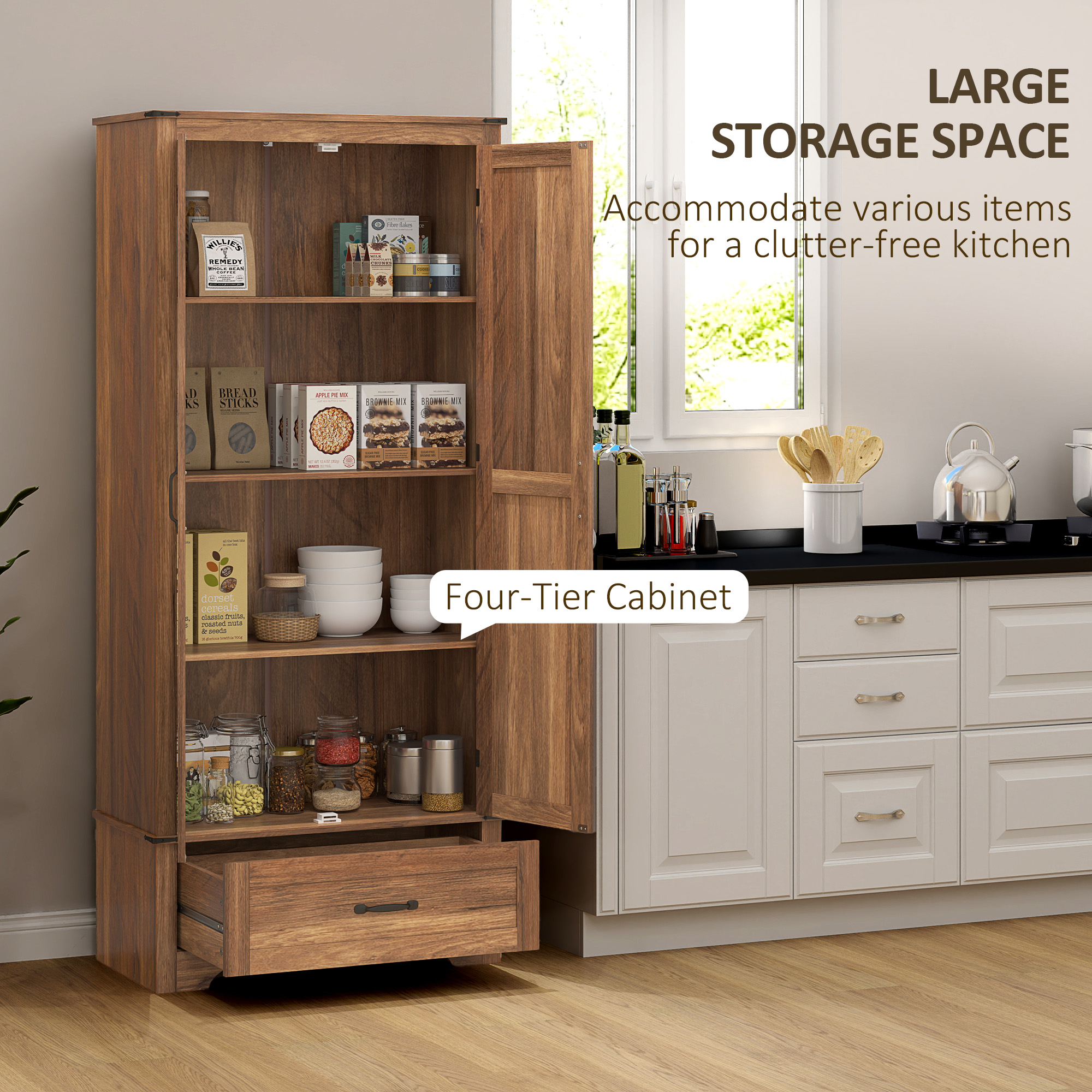 72" Farmhouse Pantry Cabinet with Adjustable Shelves, Kitchen Pantry Cabinet with 2 Doors, Brown - Image 2
