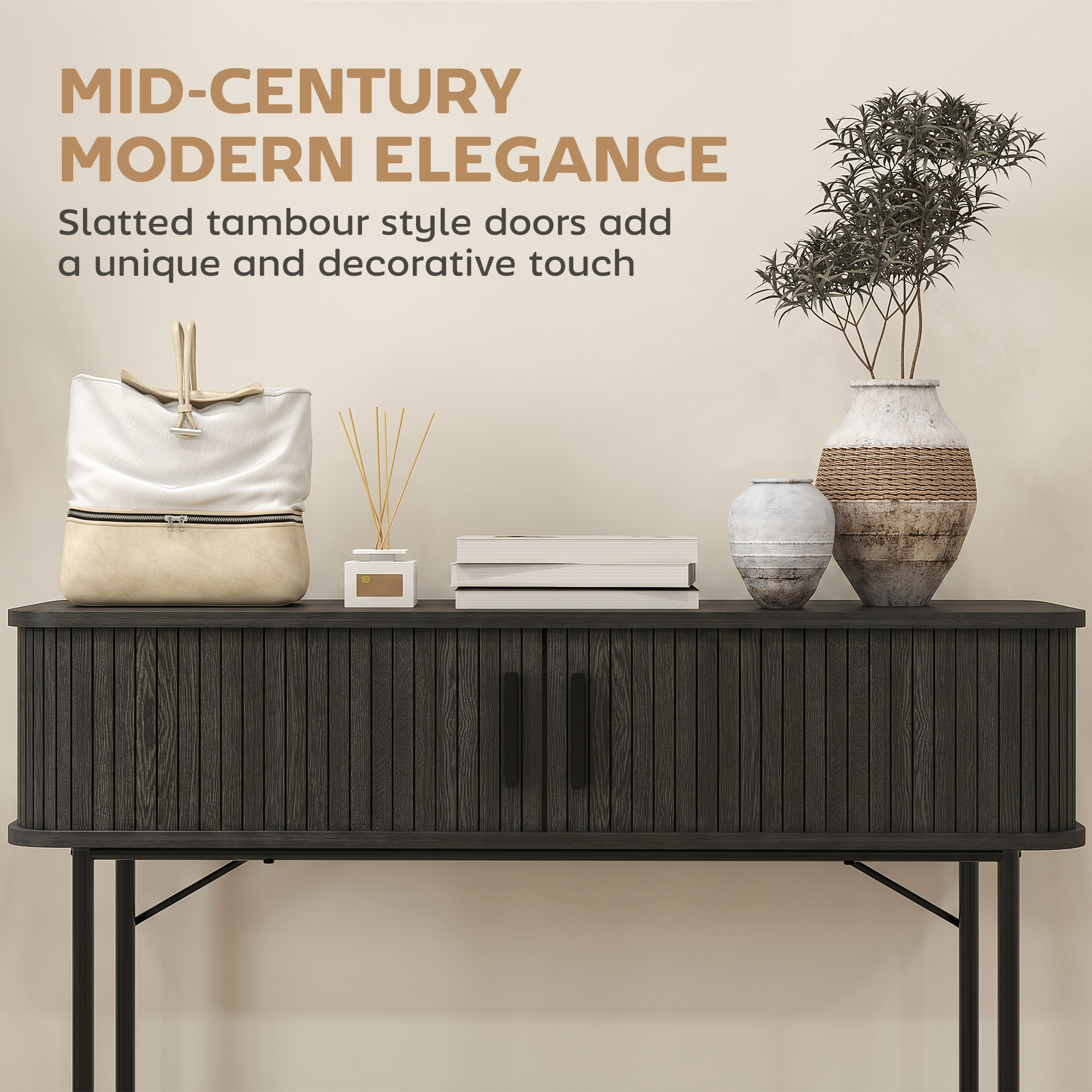 Mid-Century Entryway Table, Narrow Console Table with Storage Compartments for Behind Couch, Living Room, Black - Image 2