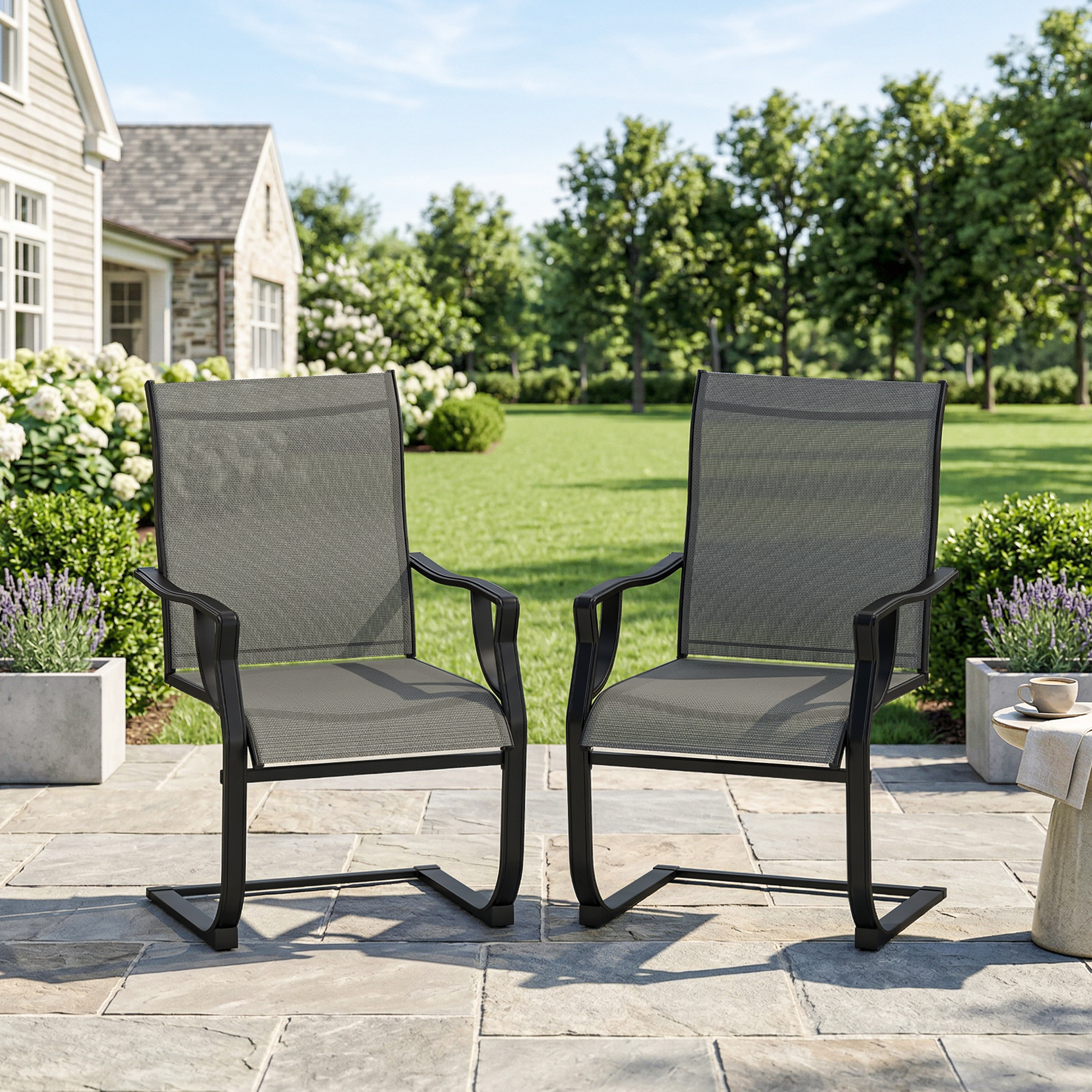C Spring Motion Patio Chairs Set of 2 with Curved High Backrest, Armrest, All Weather Breathable Fabric, Metal Frame - Image 6