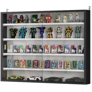 5-Tier Display Cabinet, Shot Glass Display Case, Glass Curio Cabinet with 2 Glass Doors and 4 Adjustable Shelves, Black