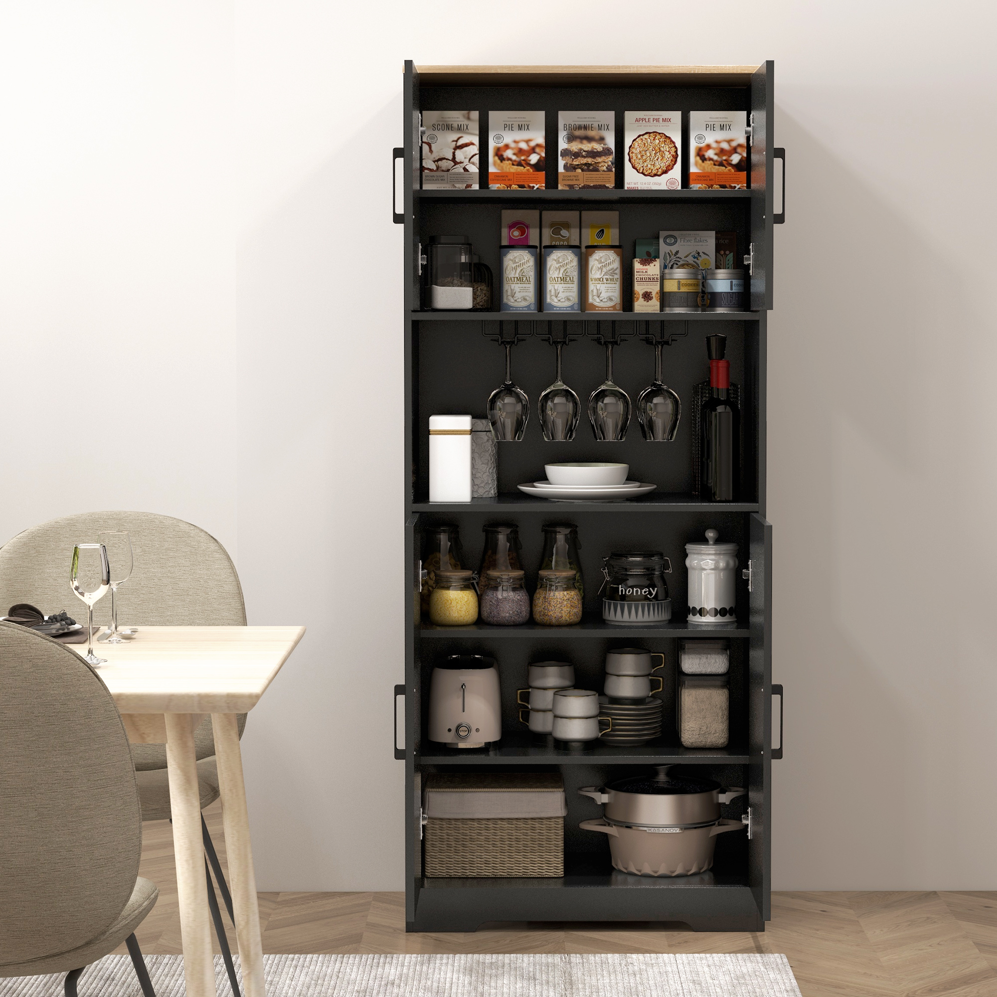 Farmhouse Kitchen Pantry, 68" Freestanding Hutch Storage Cabinet with Microwave Oven Countertop, Black - Image 5