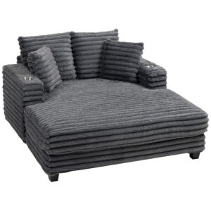 60" Chaise Lounge Chair, Oversized Upholstered Sofa Bed with Cup Holders & Pillows, Sleeper Couch for Living Room, Grey
