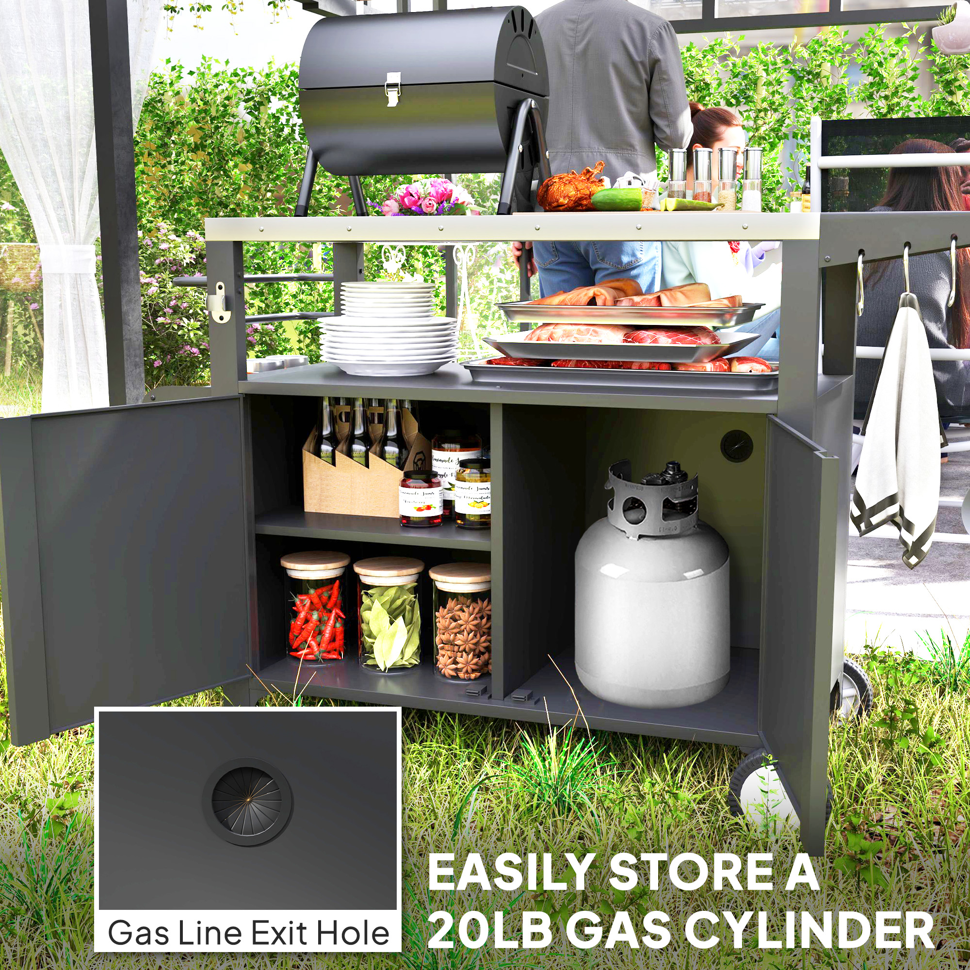 Outdoor Grill Cart with Foldable Side Table, Stainless Steel Tabletop, Pizza Oven Stand with Storage Rack, Wheels - Image 5