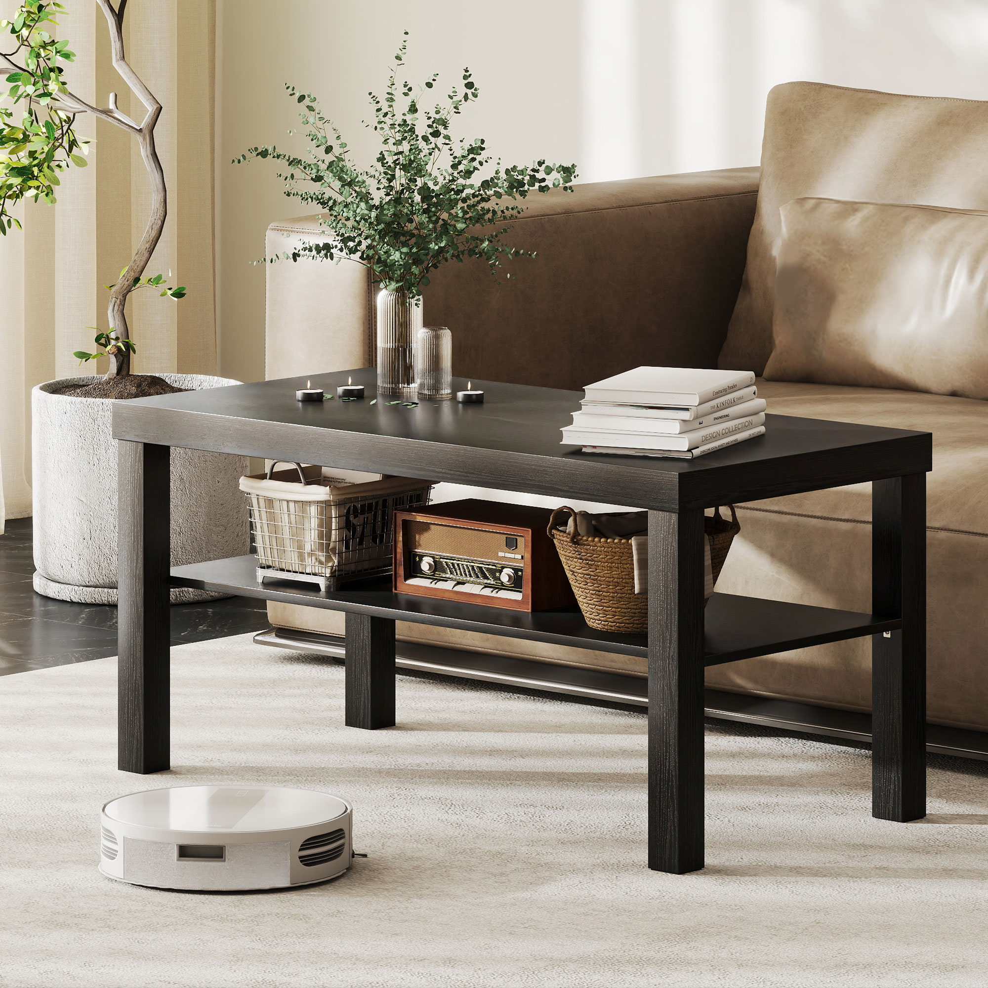 2 Tier Coffee Table, Rectangular Center Table with Storage Shelf for Living Room, Home Office, Black - Image 6