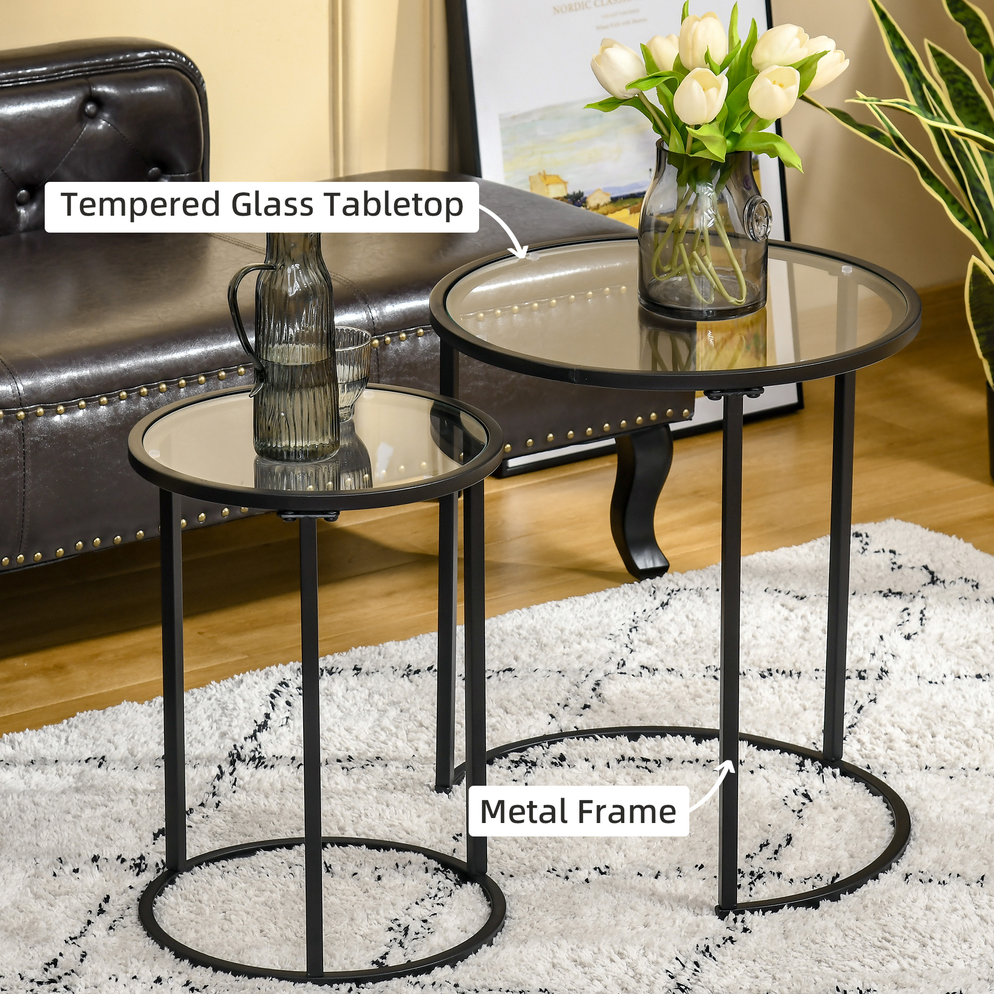 Set of 2 Nesting Coffee Tables with Metal Base, Round Side Table with Tempered Glass Tabletop for Living Room, Bedroom, Black - Image 3