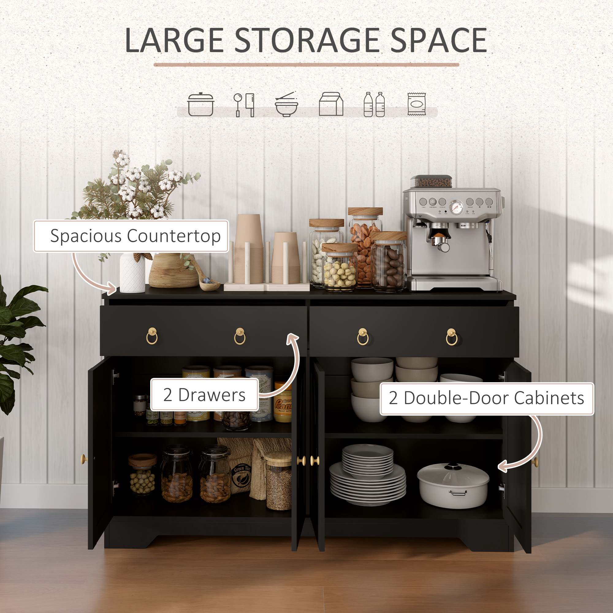 Sideboard Cabinet with 2 Drawers, 4 Barn Doors and 2 Adjustable Shelves, Buffet Table for Living Room, Black - Image 2
