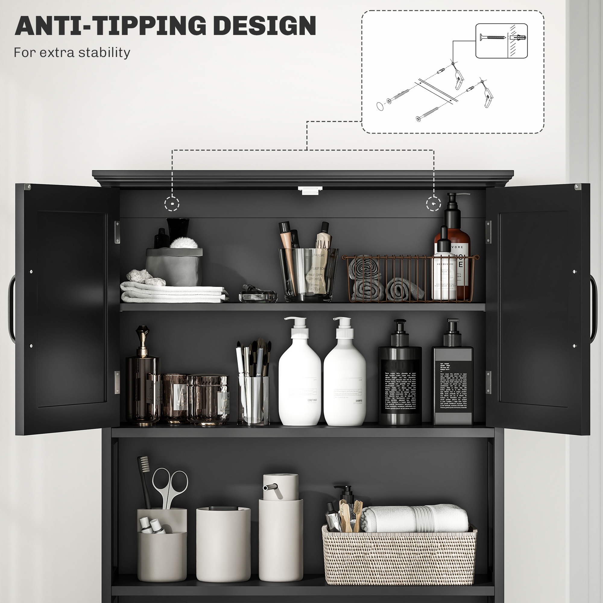 Modern Over The Toilet Storage, Bathroom Cabinets Over Toilet with Open Shelves and Double Door Cabinet, Black - Image 5