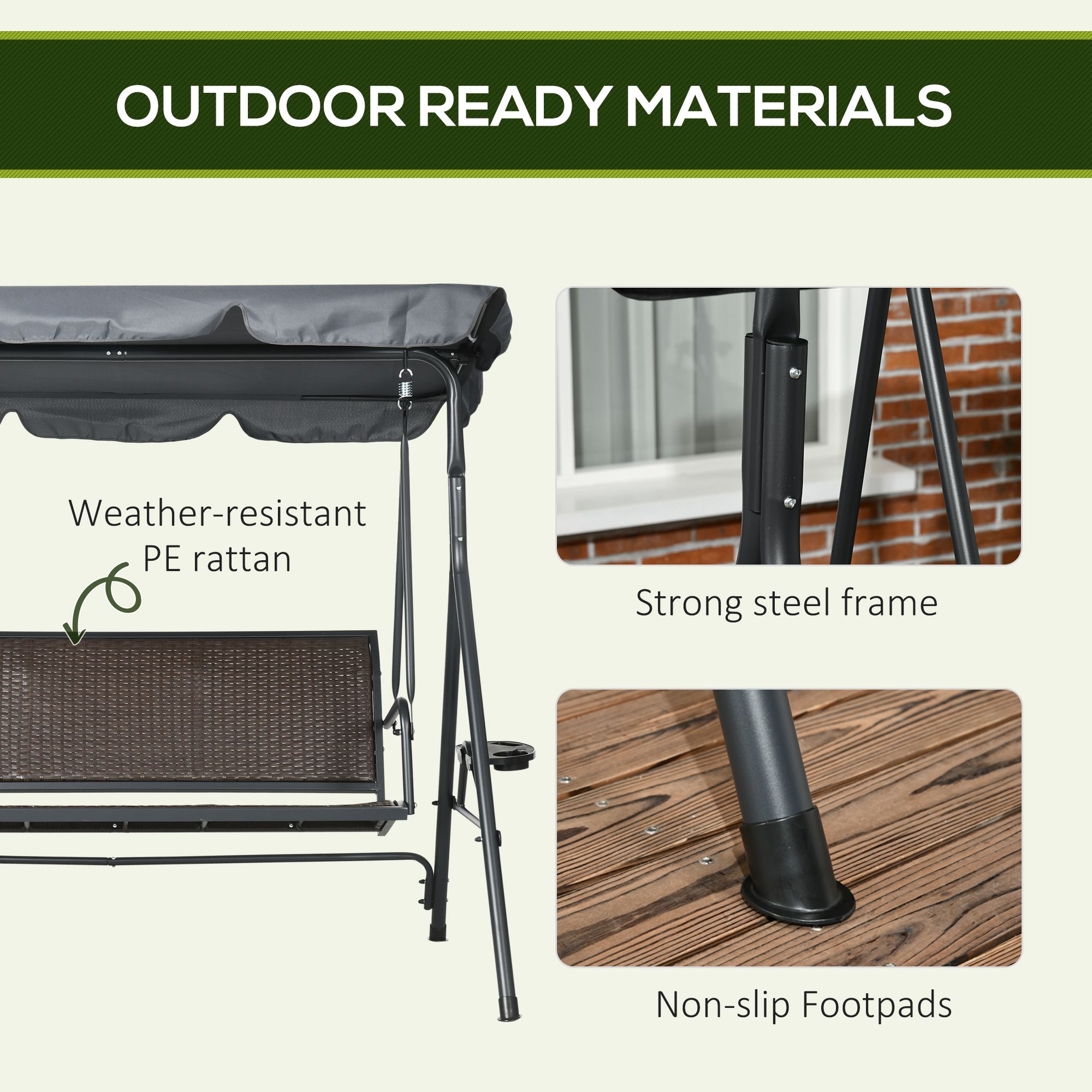 3-Seat Patio Swing Chair, Outdoor Canopy Swing Glider with Adjustable Shade, Rattan Seat and Steel Frame, for Porch, Garden, Poolside, Dark Grey - Image 4