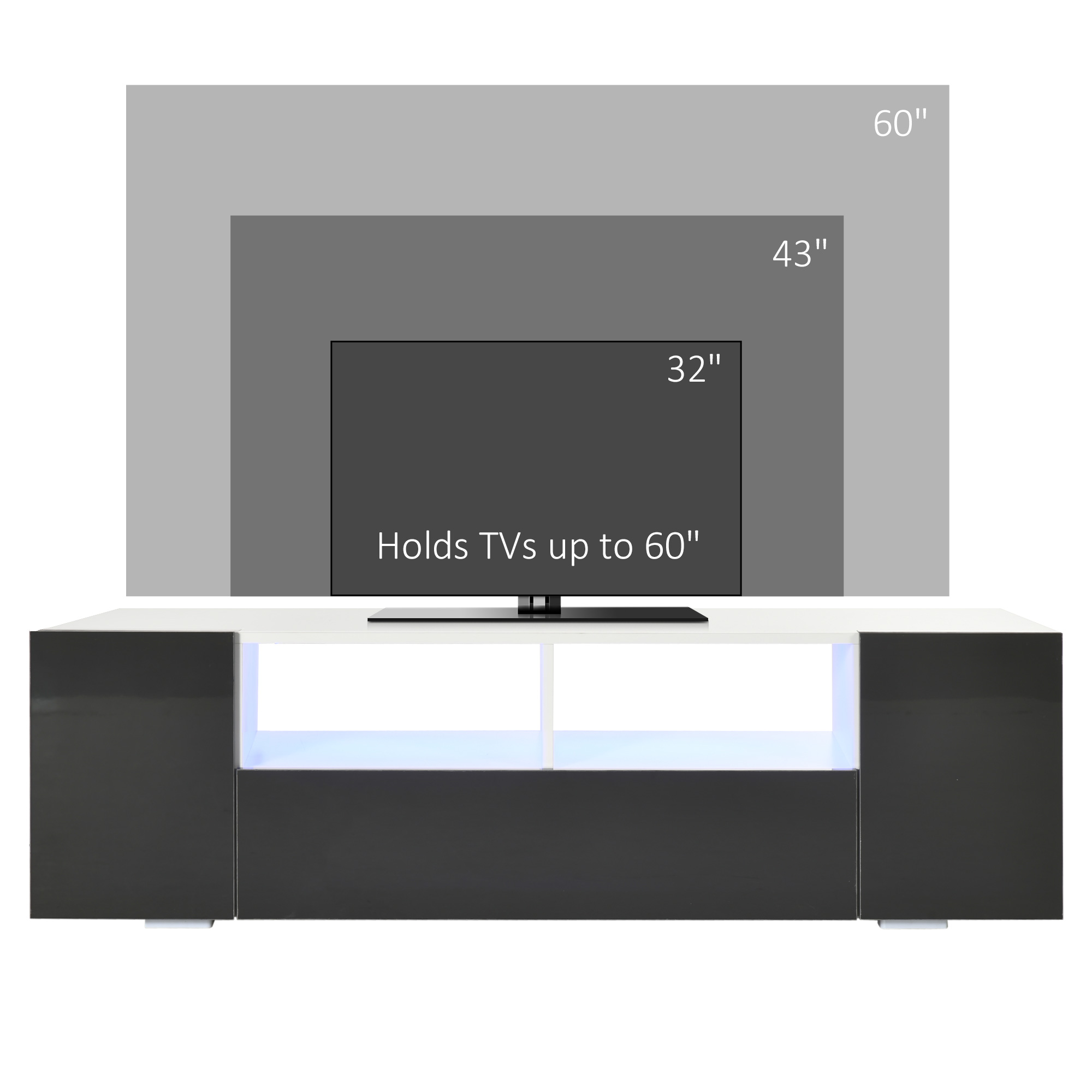TV Stand for TVs up to 60", TV Unit with LED Lights, Storage Shelves and Cupboards, 53.9" x 13.8" x 16.5", Grey - Image 5